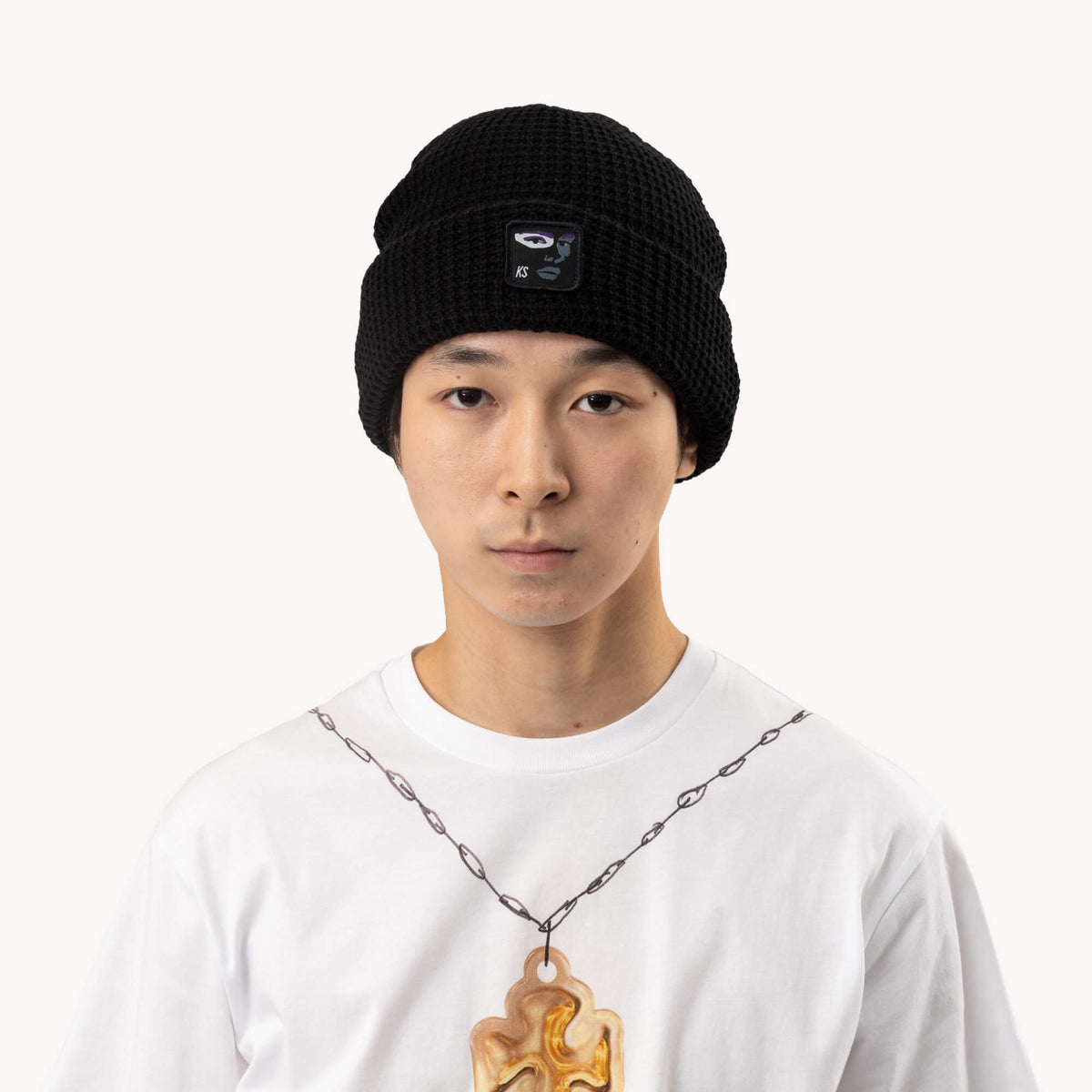 블랙 Face 로고 와플 비니