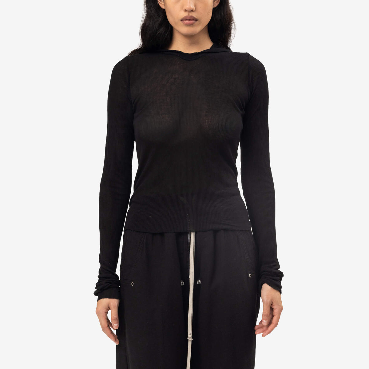 Womens Cropped Hooded Rib Long Sleeve T-Shirt