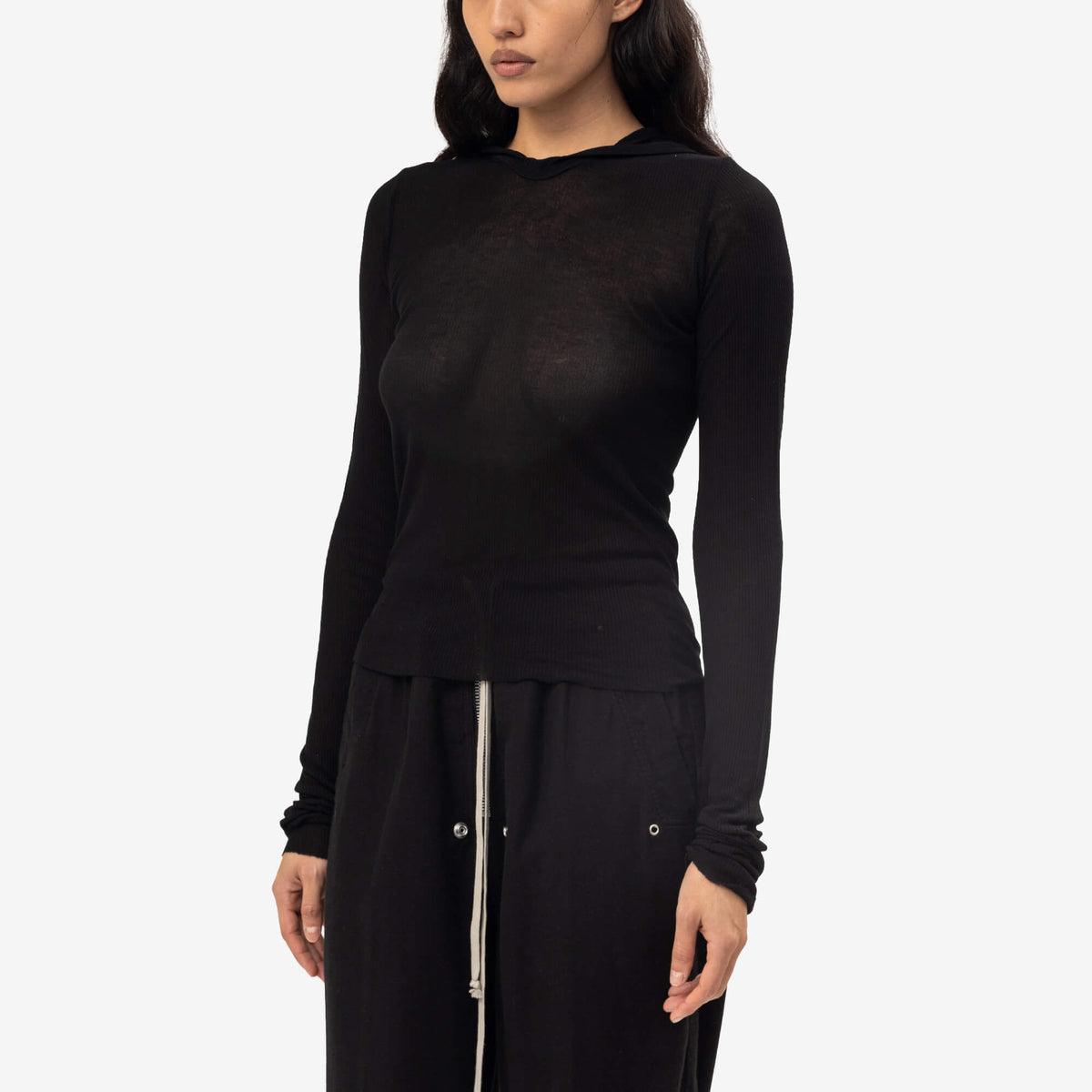Womens Cropped Hooded Rib Long Sleeve T-Shirt