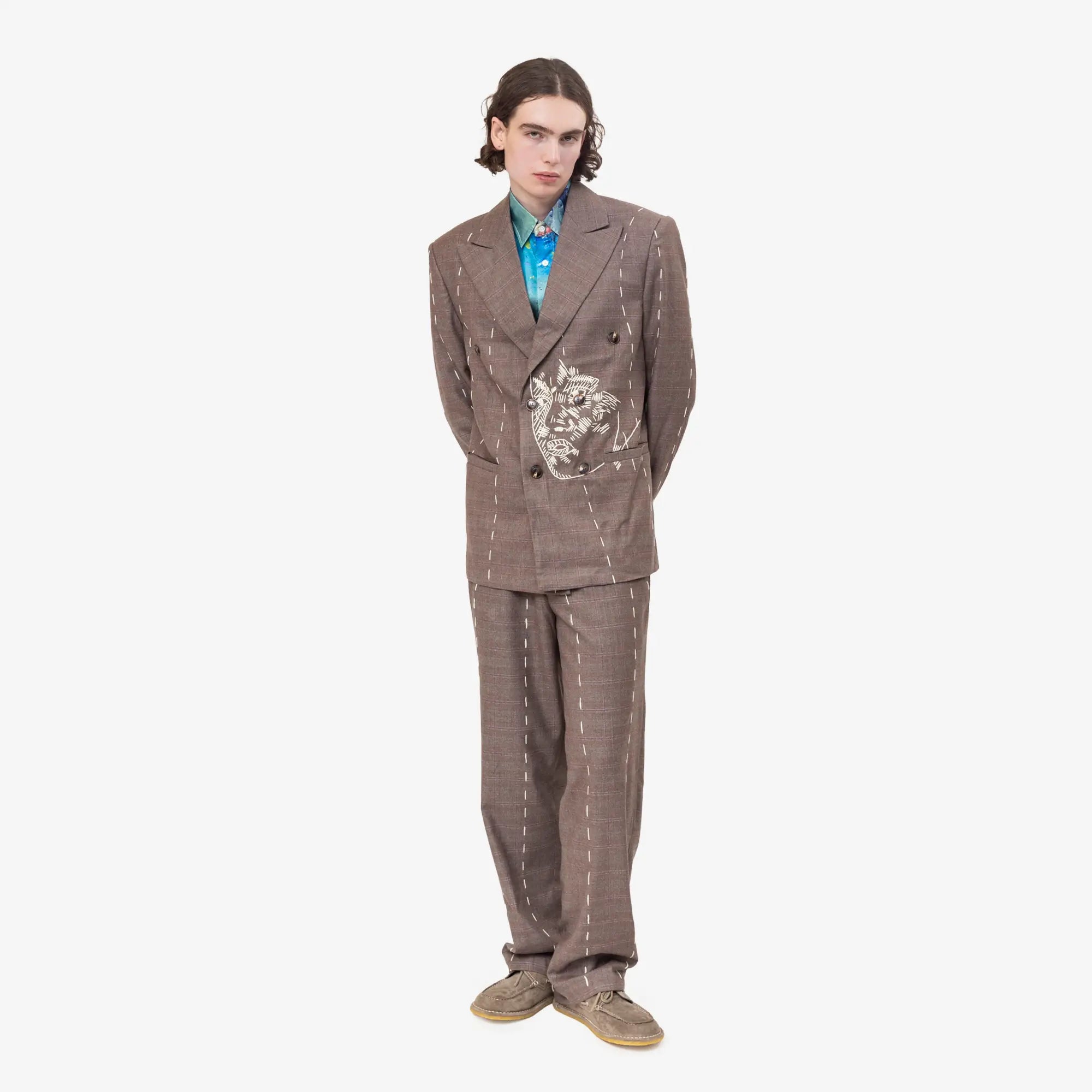 Face Embroidered Suit Pants