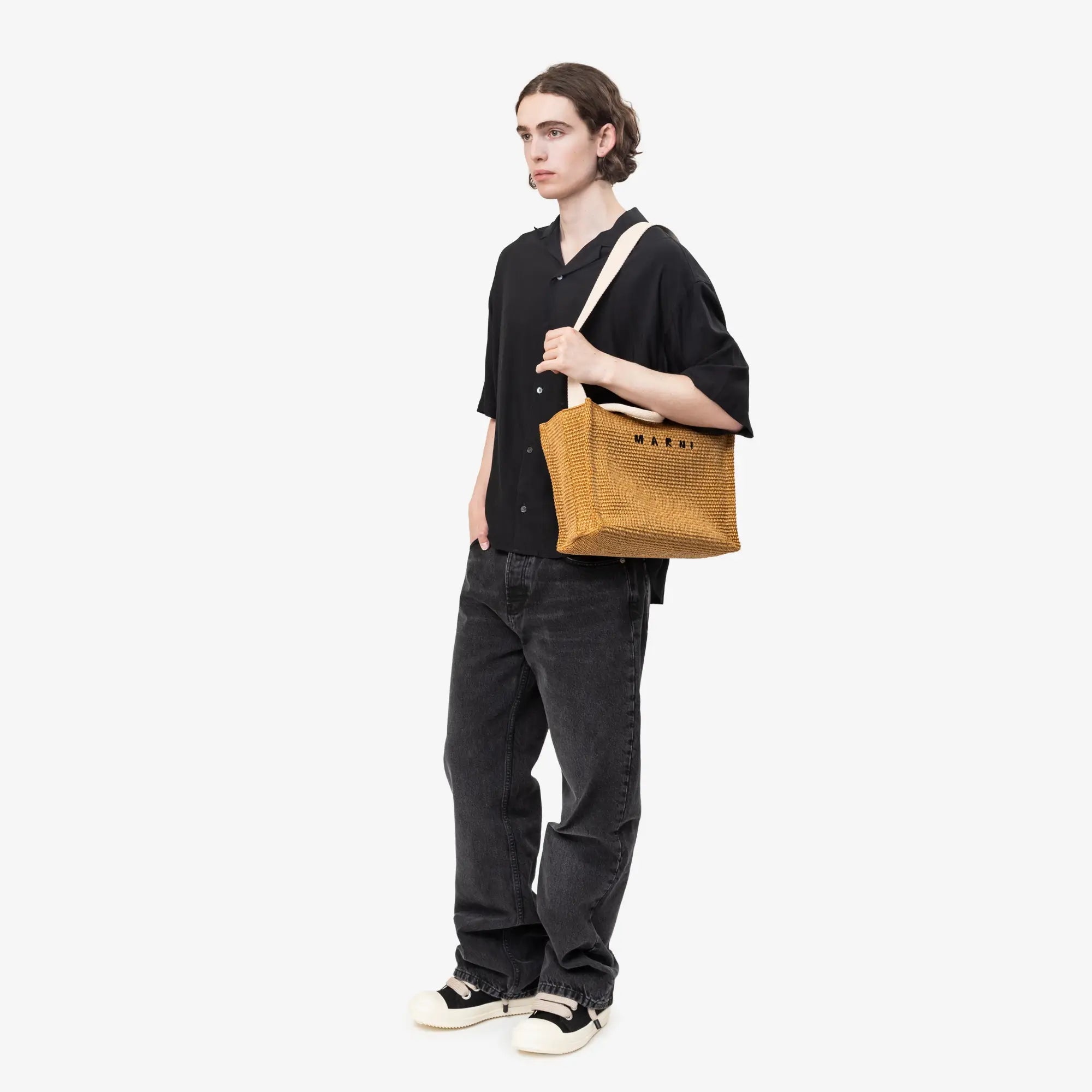 Raffia-Effect East-West Small Tote Bag