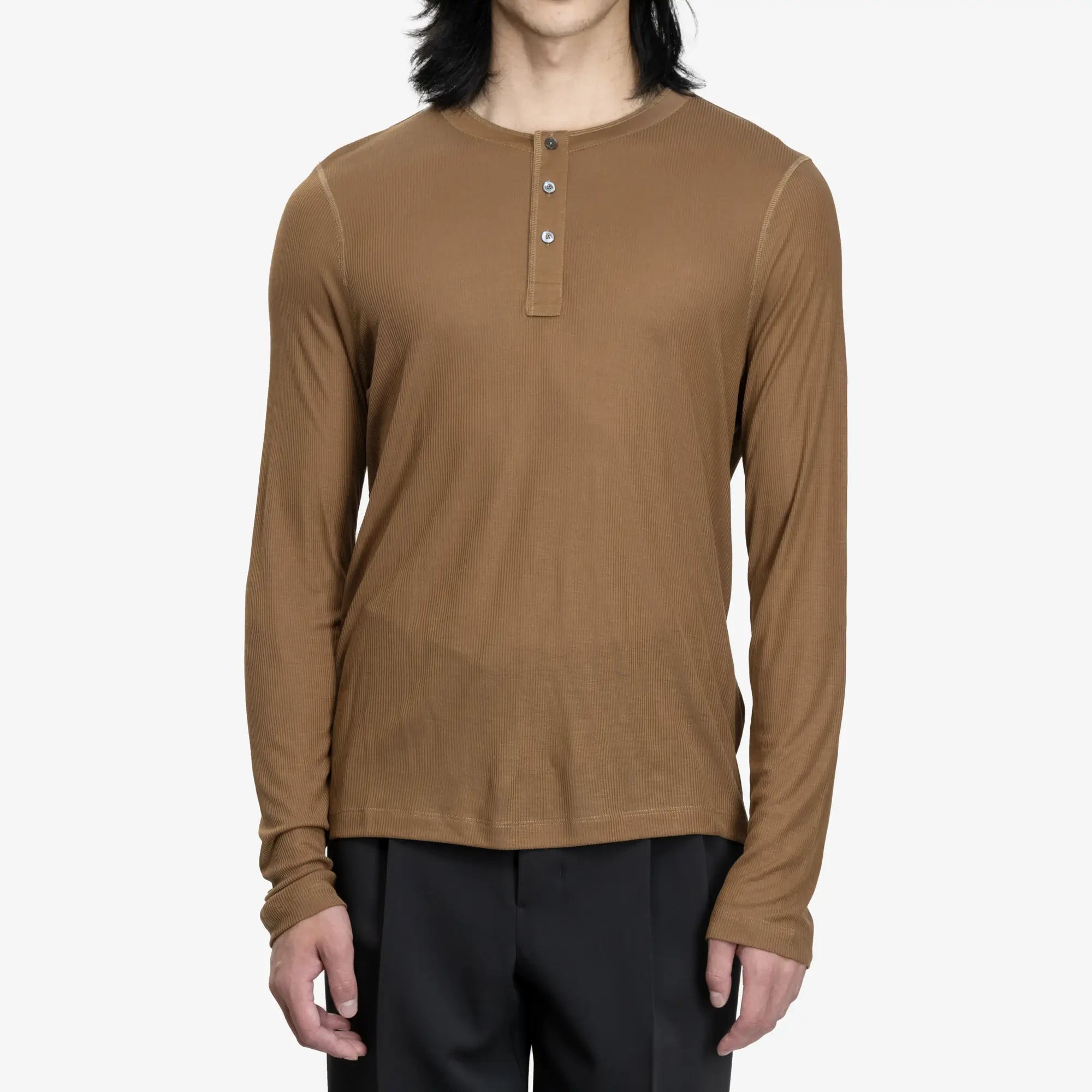 AMI Ribbed Henley Shirt Hazelnut - 1