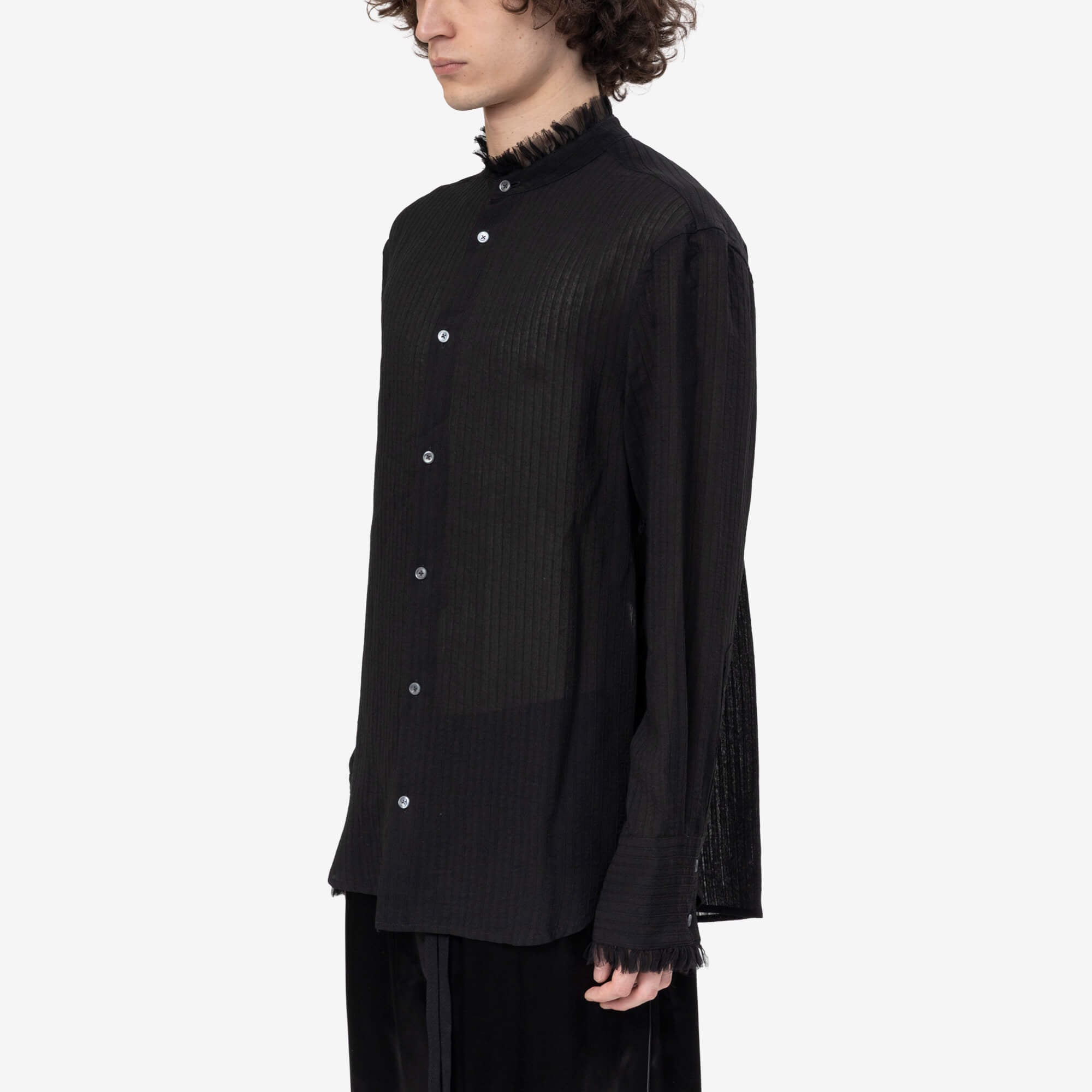 Ann Demeulemeester Flosi Silk Creponne Ruffles Stand Collar Standard Shirt Black - 3