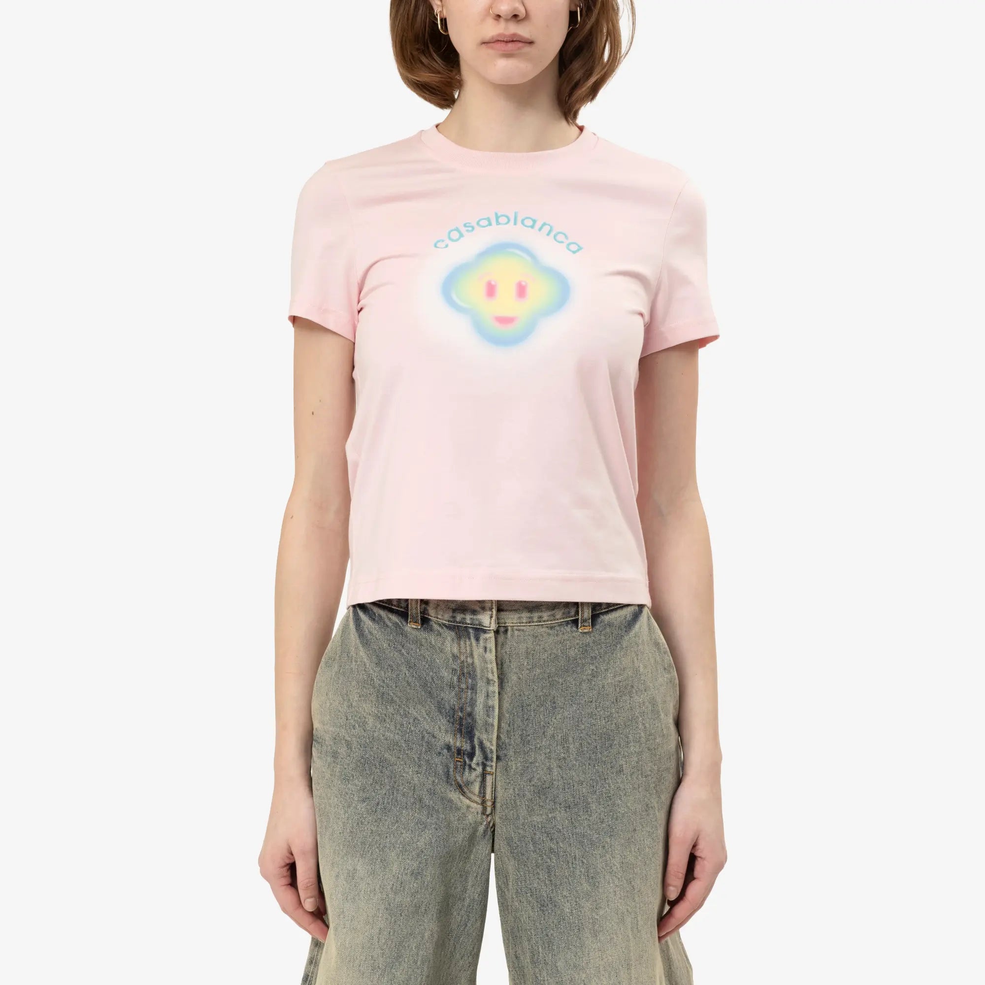 Casablanca Womens Airbrush Smiley Fitted T-Shirt Pale Pink - 1