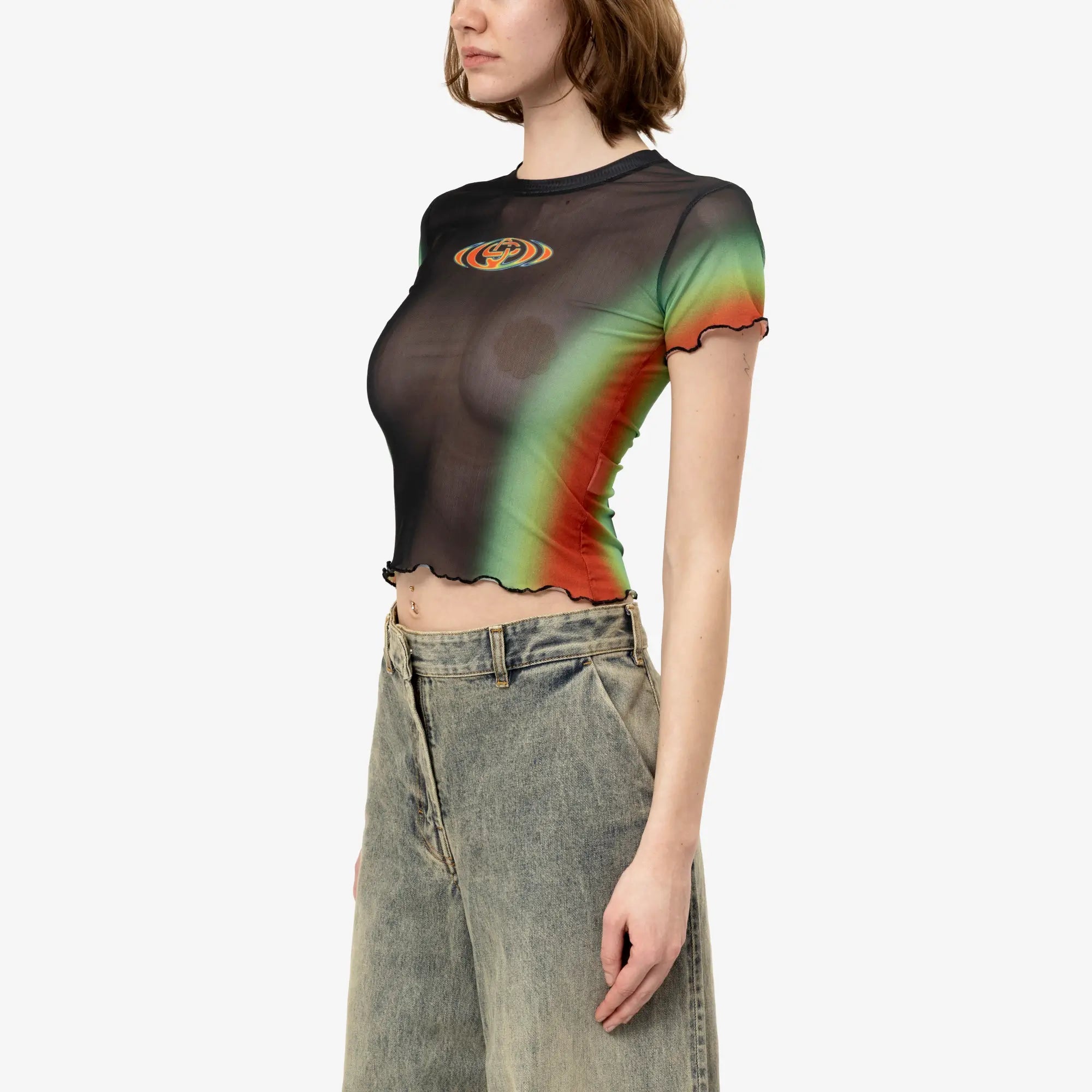 Casablanca Womens Scallop SS Printed Mesh Top Black - 3