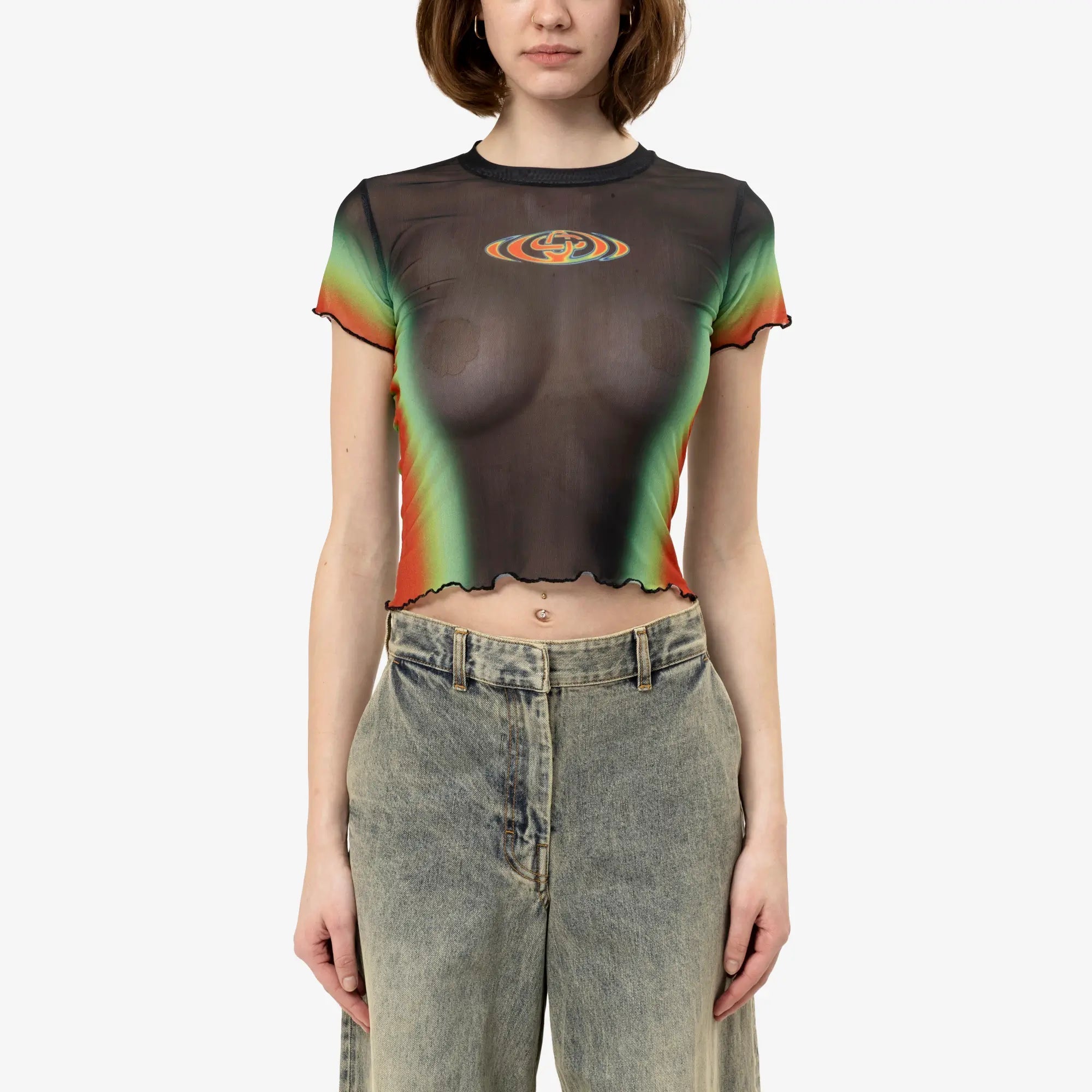 Casablanca Womens Scallop SS Printed Mesh Top Black - 1