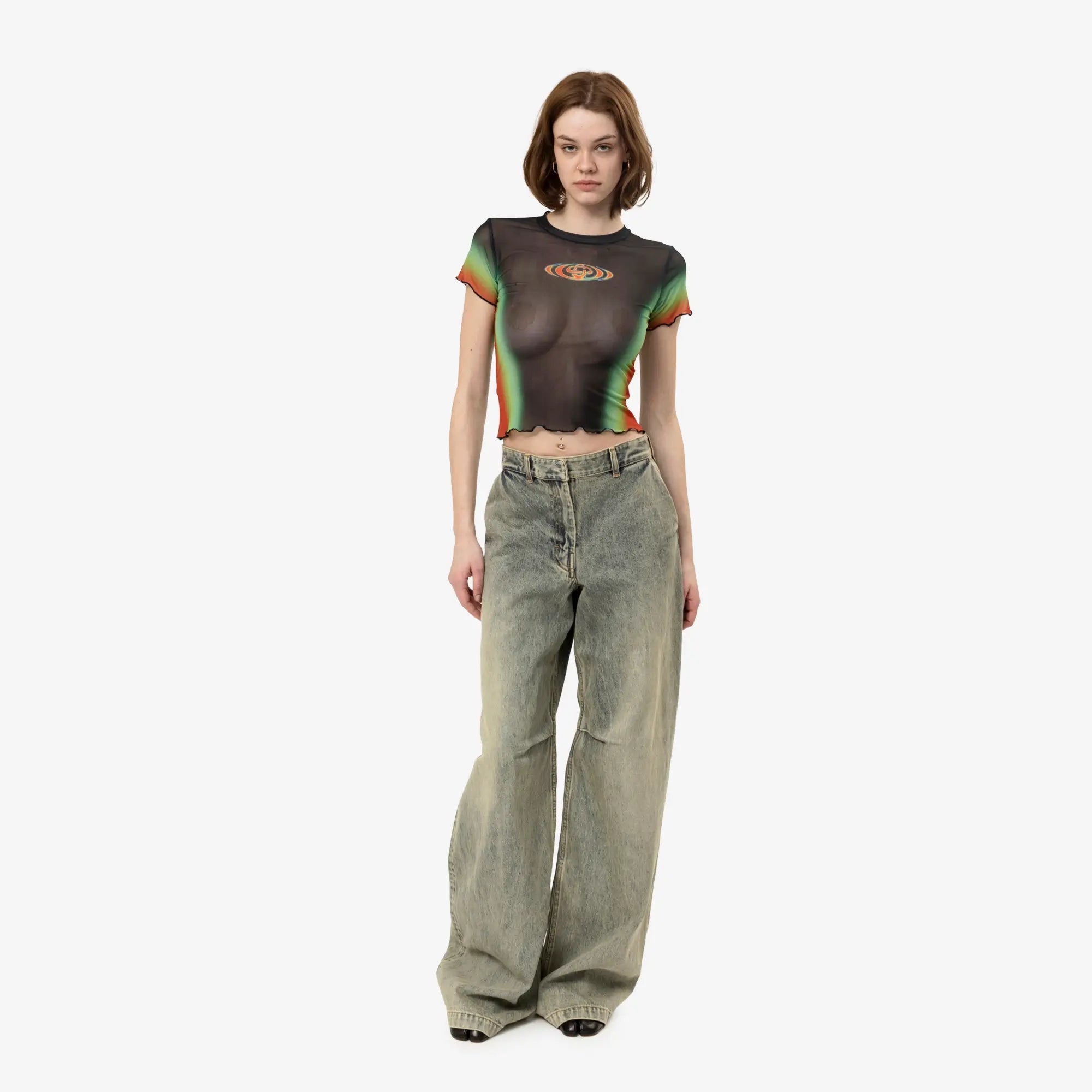 Casablanca Womens Scallop SS Printed Mesh Top Black - 2