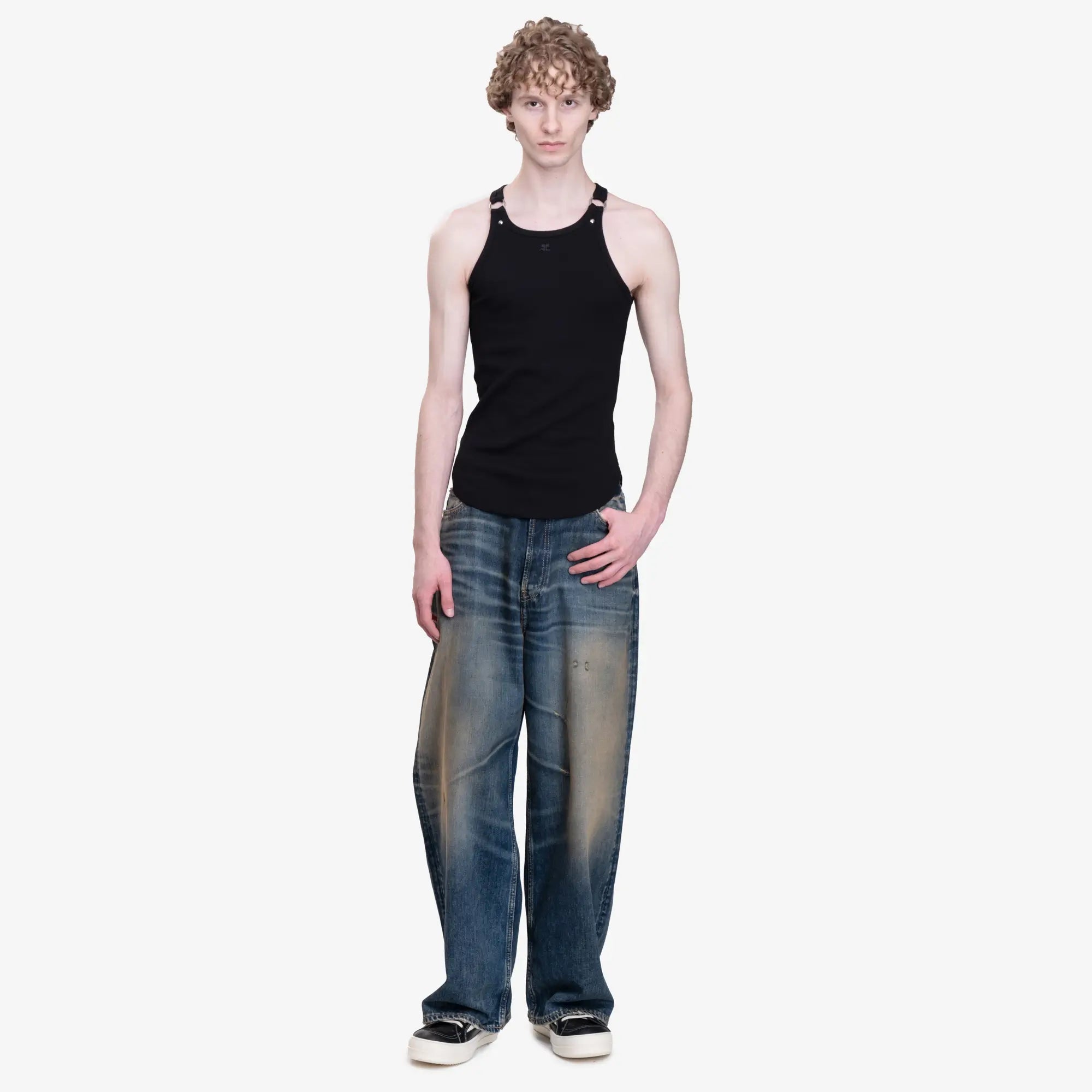 Courreges Buckle 90's Rib Tank Top Black - 2