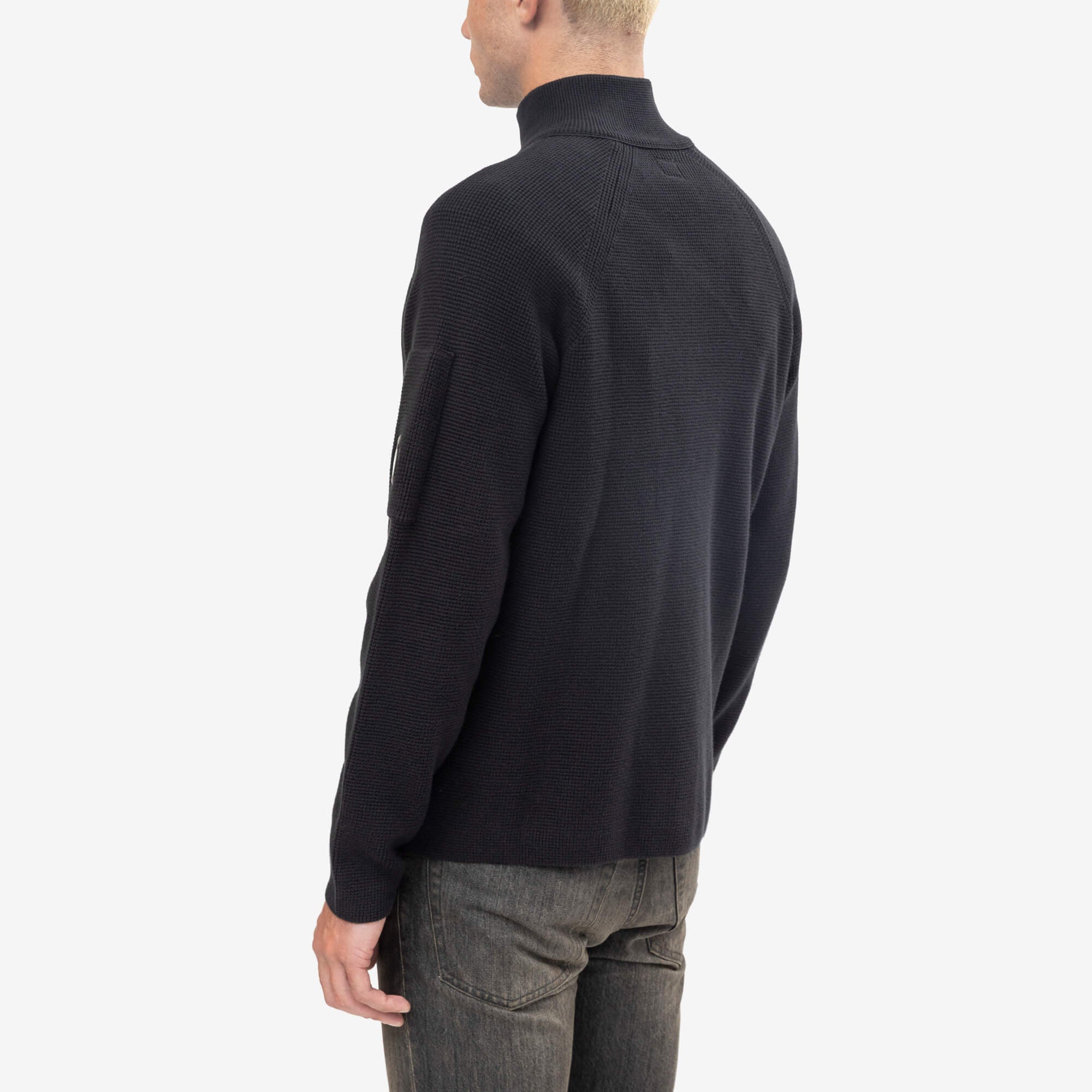 C.P. Company Waffle Knit Cotton Zip Lens Cardigan Black-4