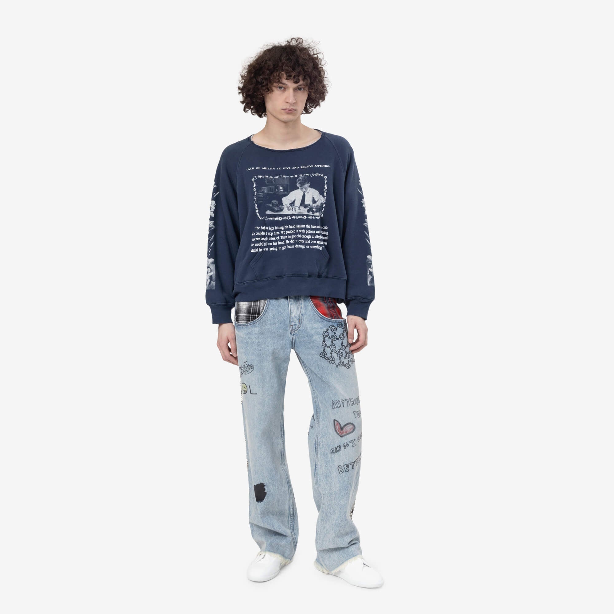 Enfants Riches Deprimes Head Against The Bars Lined Raglan Sweatshirt Washed Navy - 2