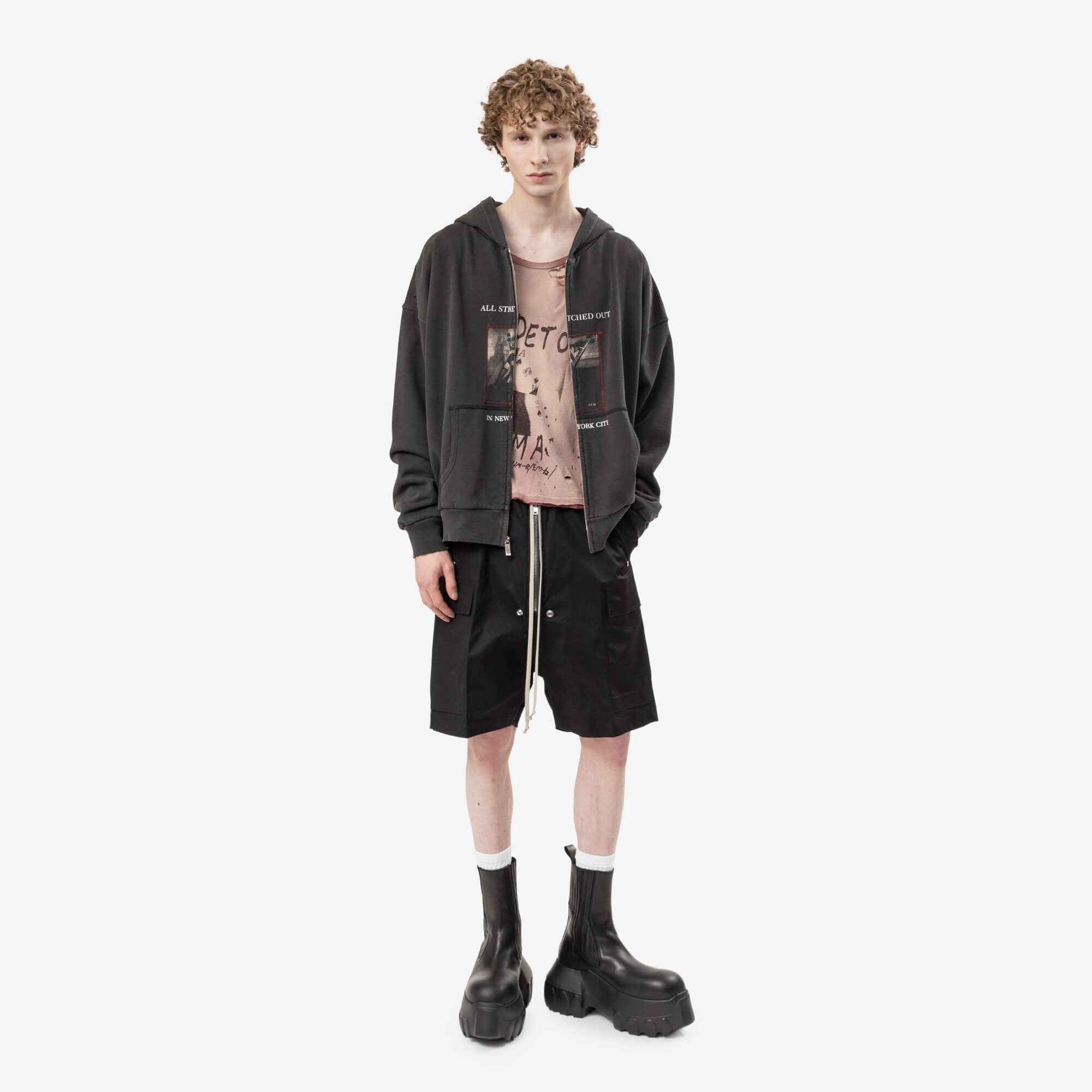 Enfants Riches Deprimes Stretched Out Thermal Lined Zip Hoody Washed Black-2