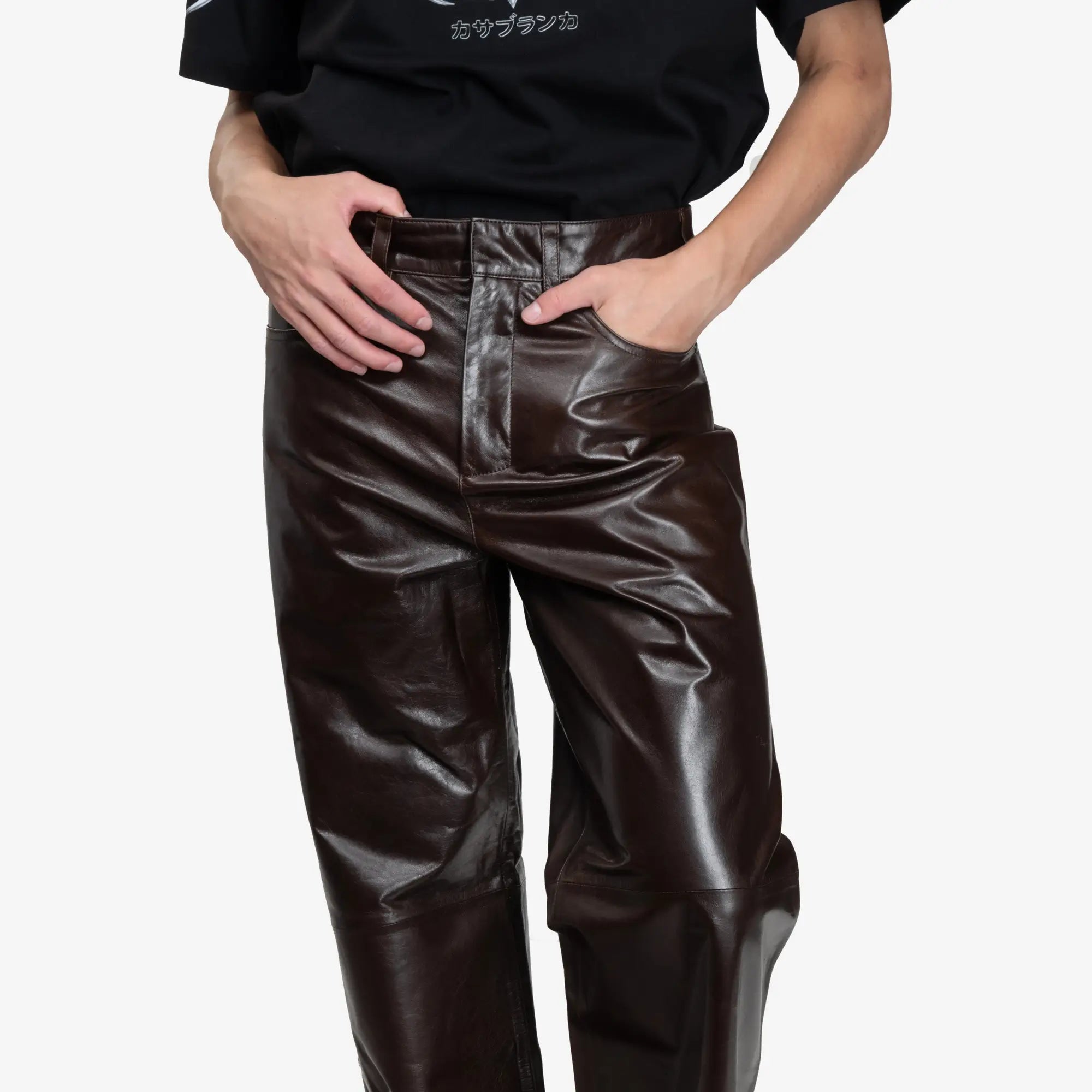 Entire Studios Unisex Leather Straight Leg Pants Dark Brown - 5