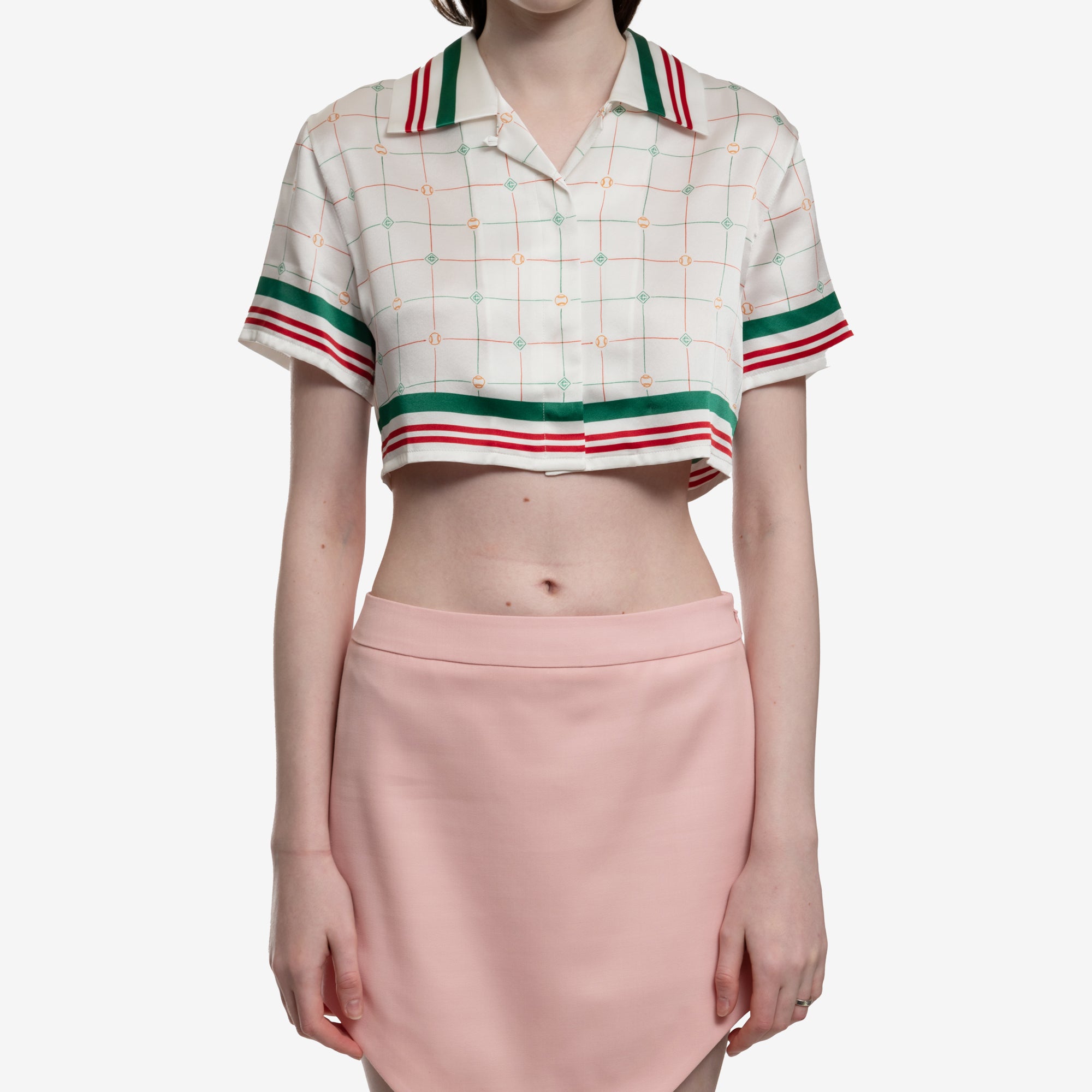 Casablanca Womens Tennis Check Cropped SS Silk Shirt White - 1