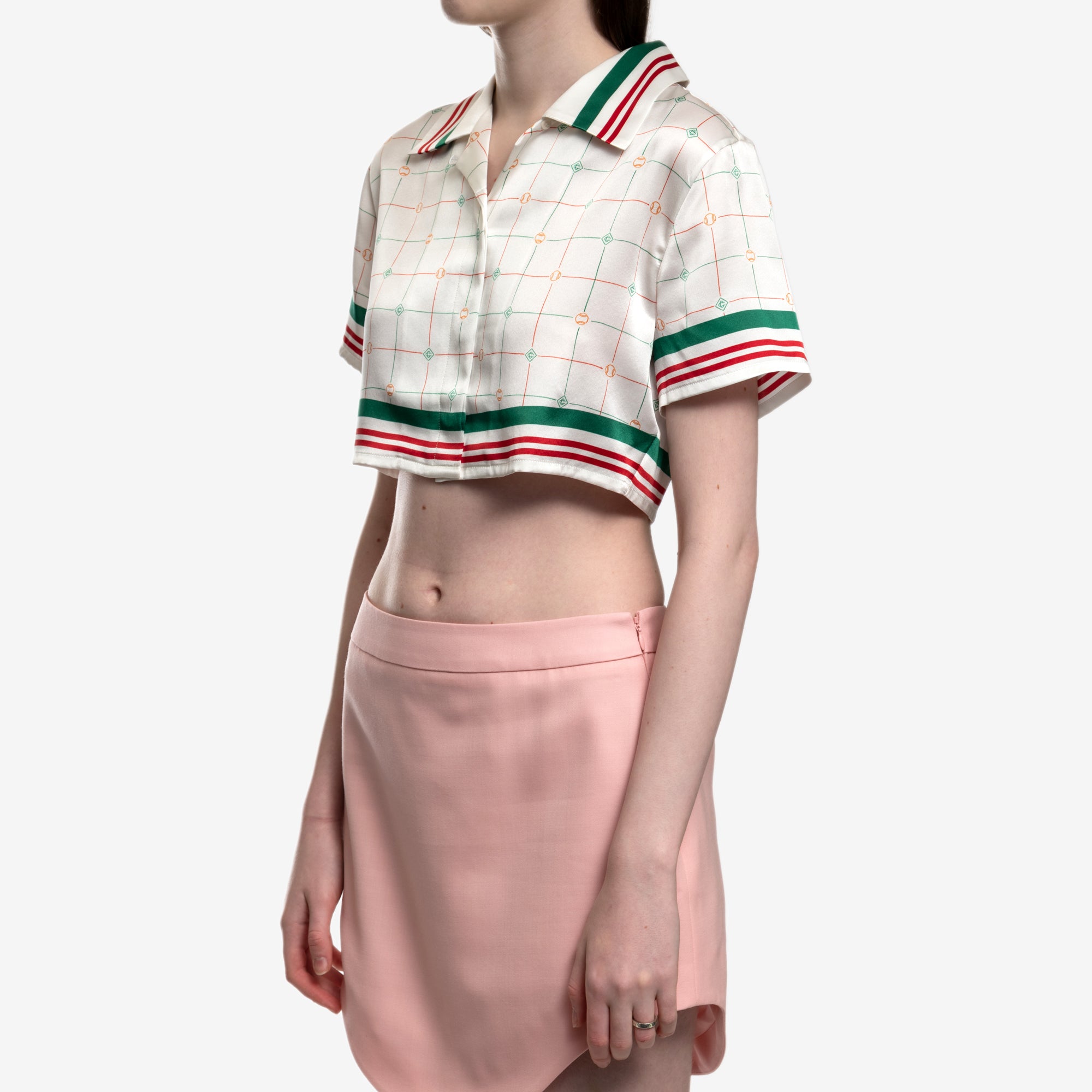 Casablanca Womens Tennis Check Cropped SS Silk Shirt White - 3