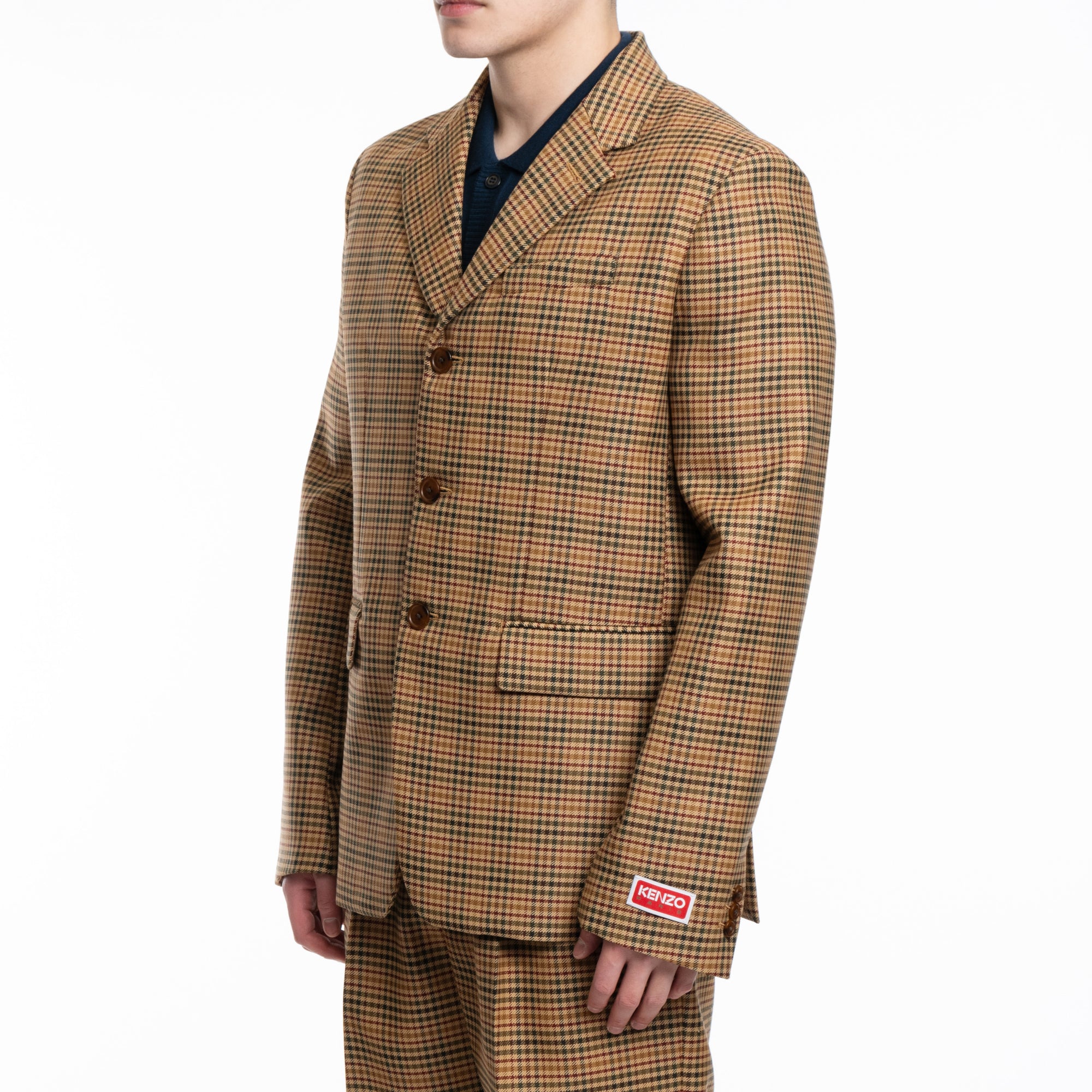 Kenzo Checked 3 Button Slim Jacket Dark Camel - 4