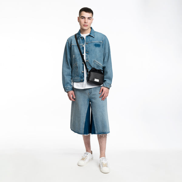 Image 5 of Margiela New Evolution Low White Sneakers on model styled with MM6 denim jacket, shorts and tank top 