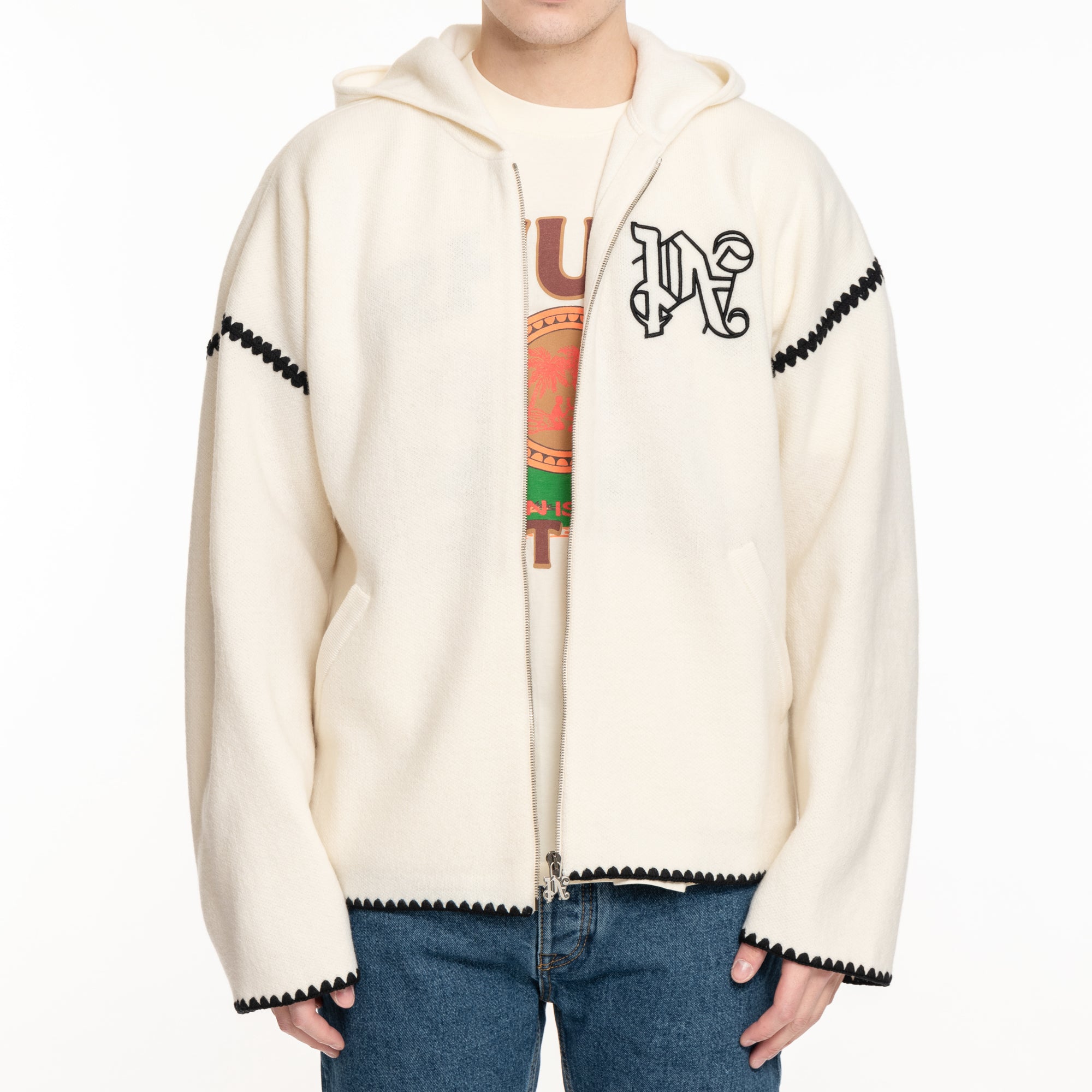 Palm Angels Monogram Knit Zip Hoody Off White - 1