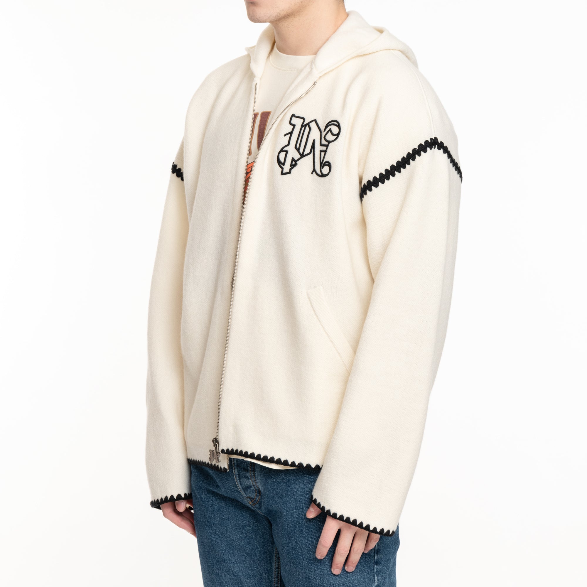 Palm Angels Monogram Knit Zip Hoody Off White - 3