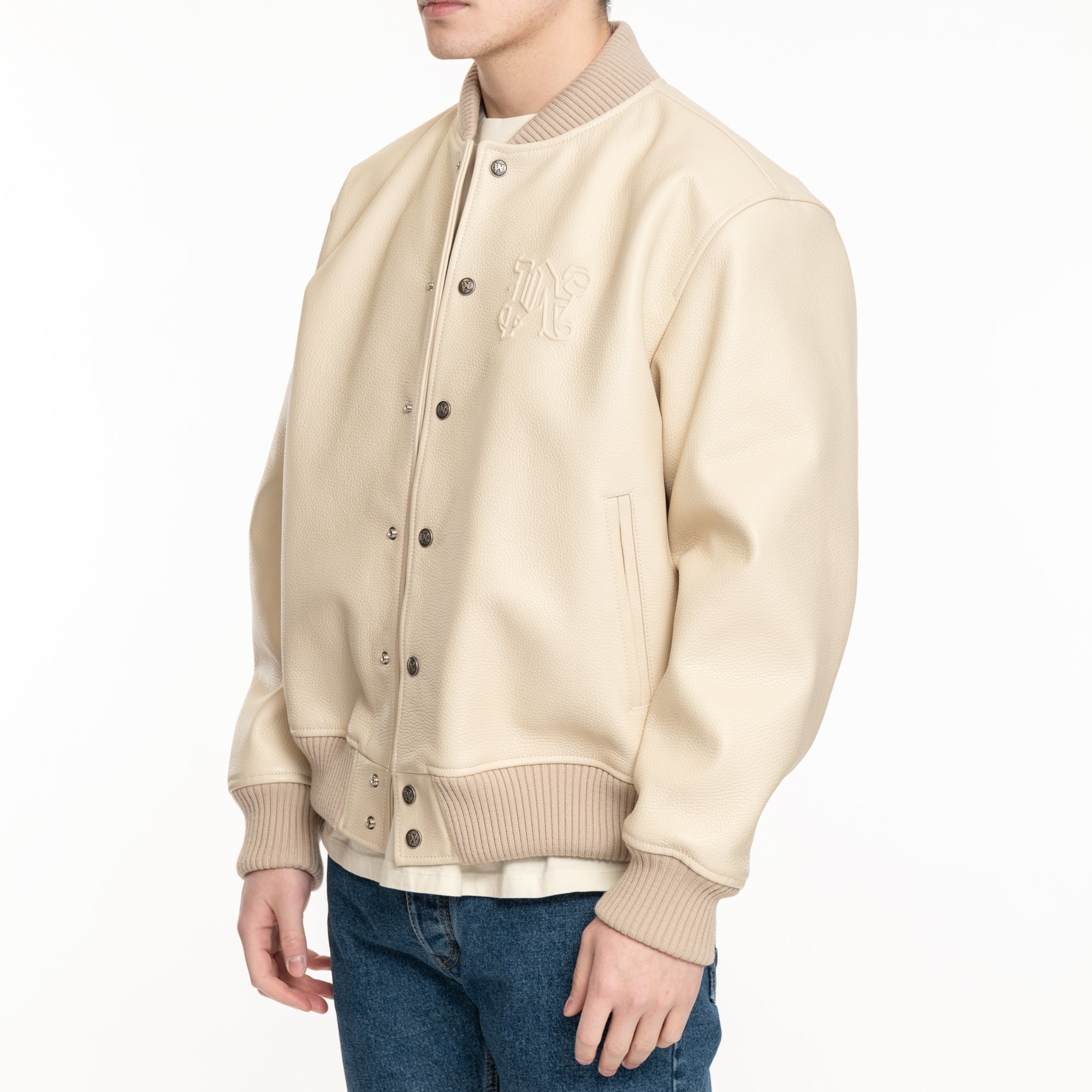 Palm Angels Monogram Leather Bomber Beige - 3