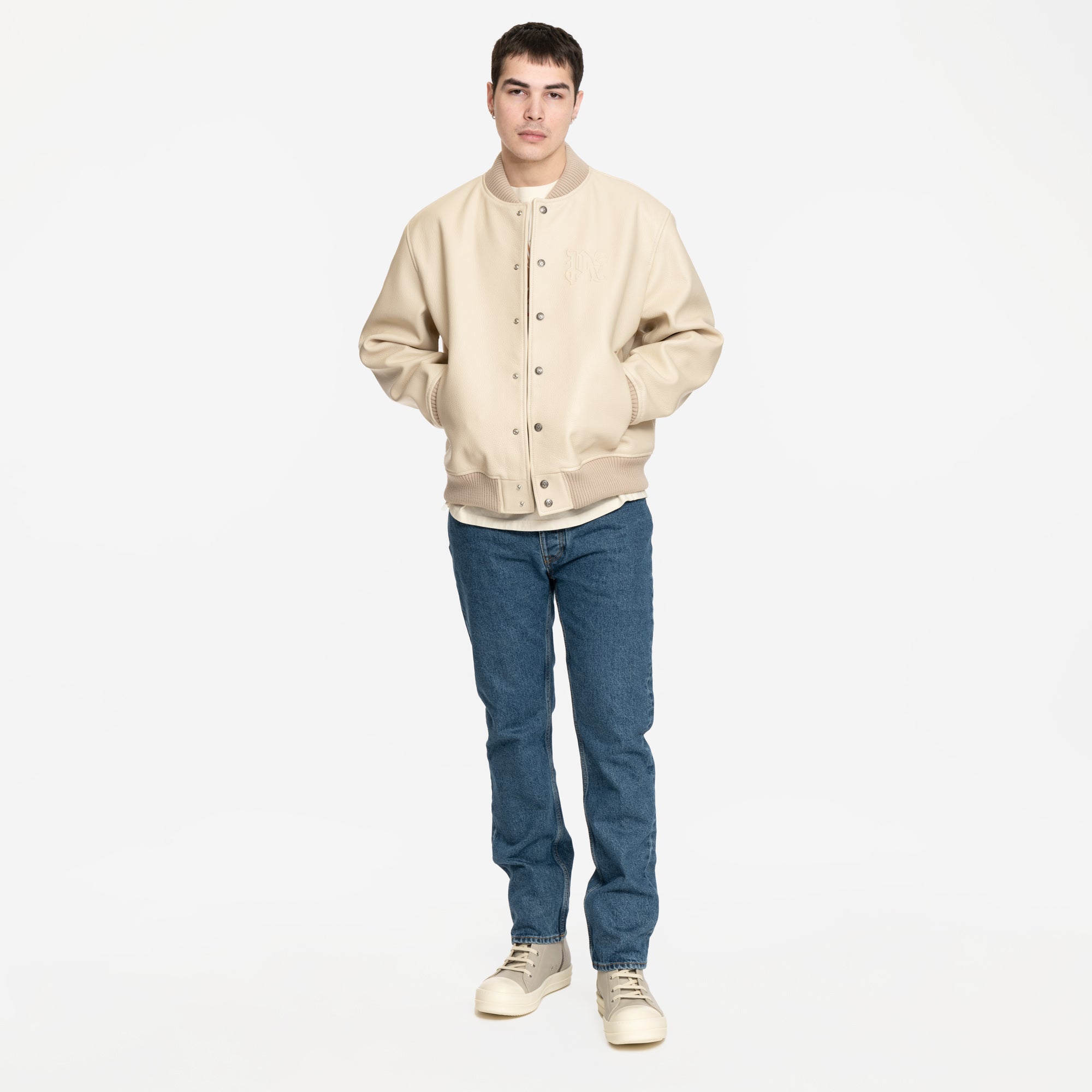 Palm Angels Monogram Leather Bomber Beige - 2