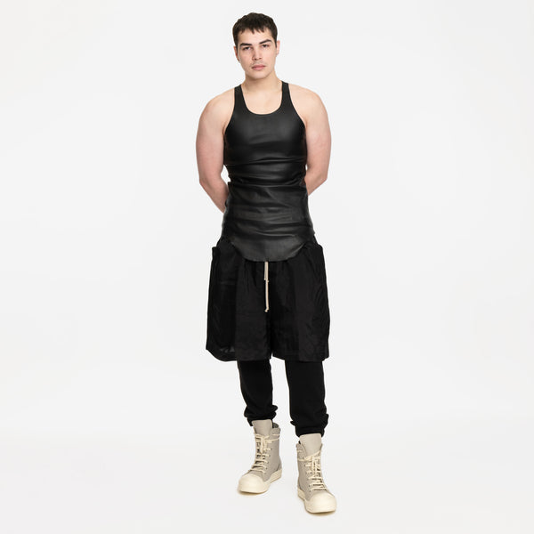 Image 1 of Rick Owens Leather Tank Top on model styled with Rick Owens black Lido shorts, black sweatpants and high top sneakers in Pearl