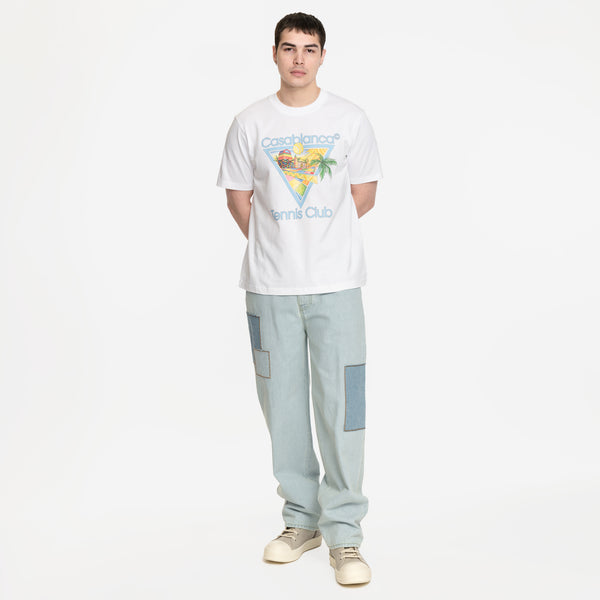 Image 4 of Casablanca Afro Cubism tshirt with blue Drole de Monsieur jeans and Rick Owens sneakers in pearl