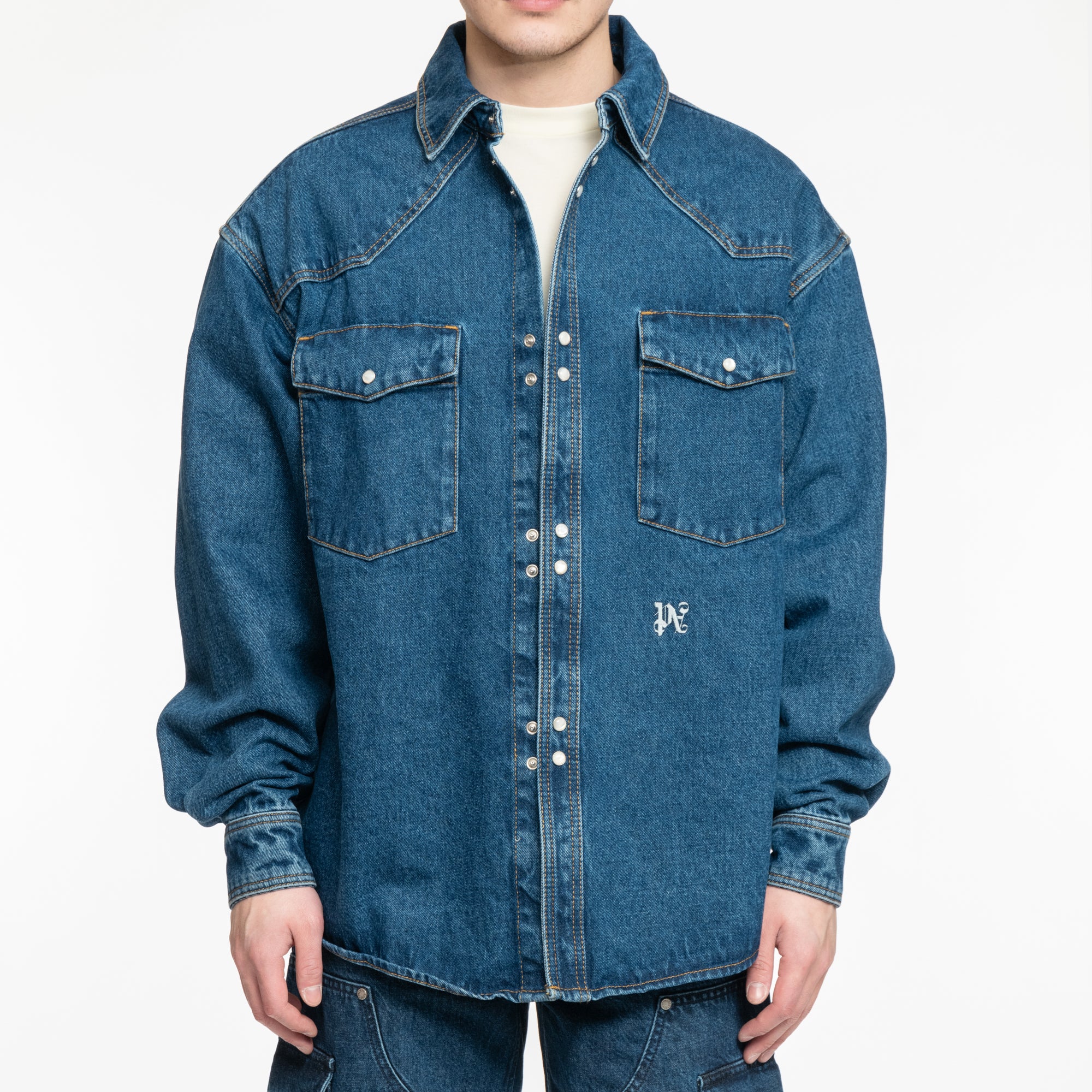 Palm Angels LW Monogram Denim Shirt Light Blue - 1