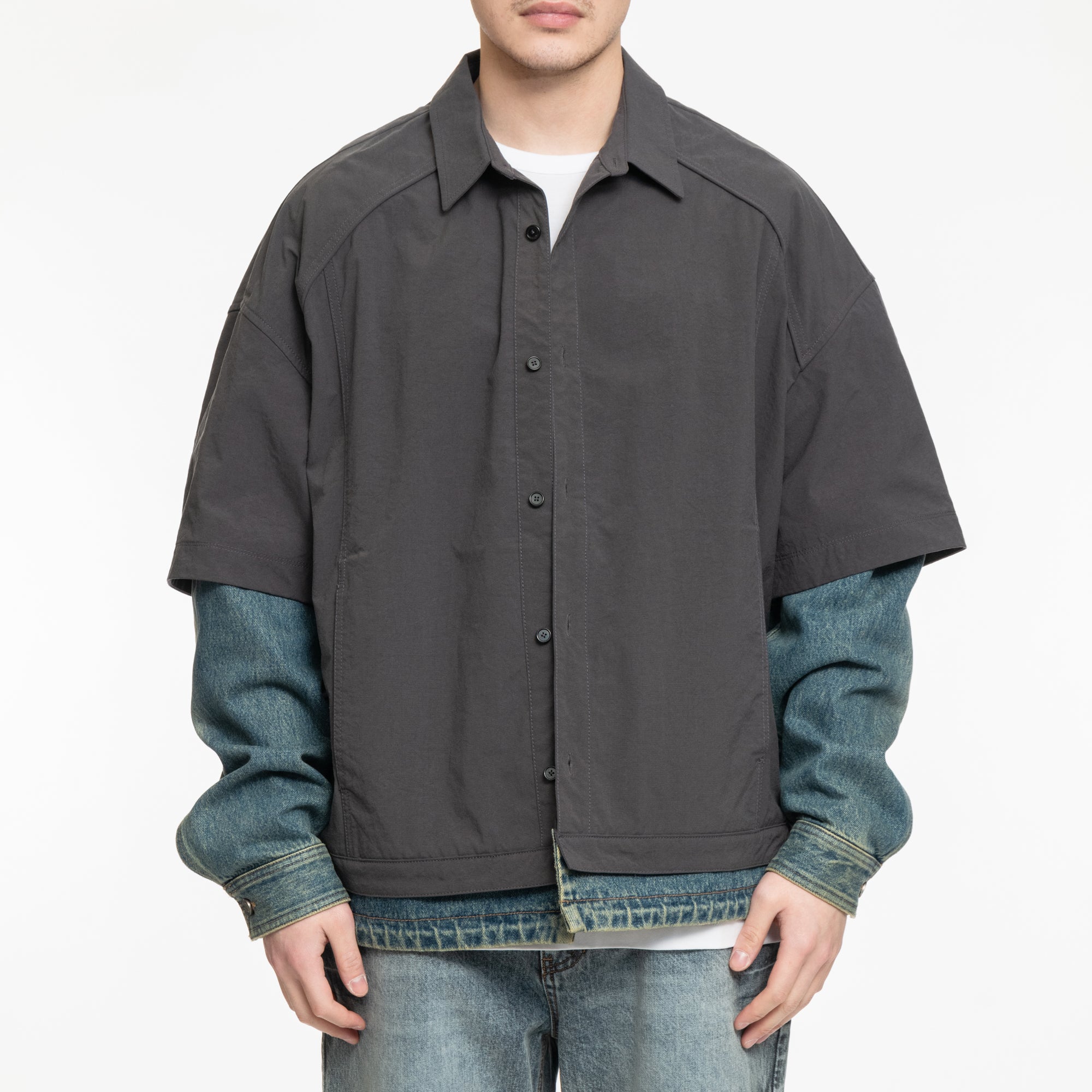 Juun.J Denim Sleeve Layered Nylon Shirt Grey - 1