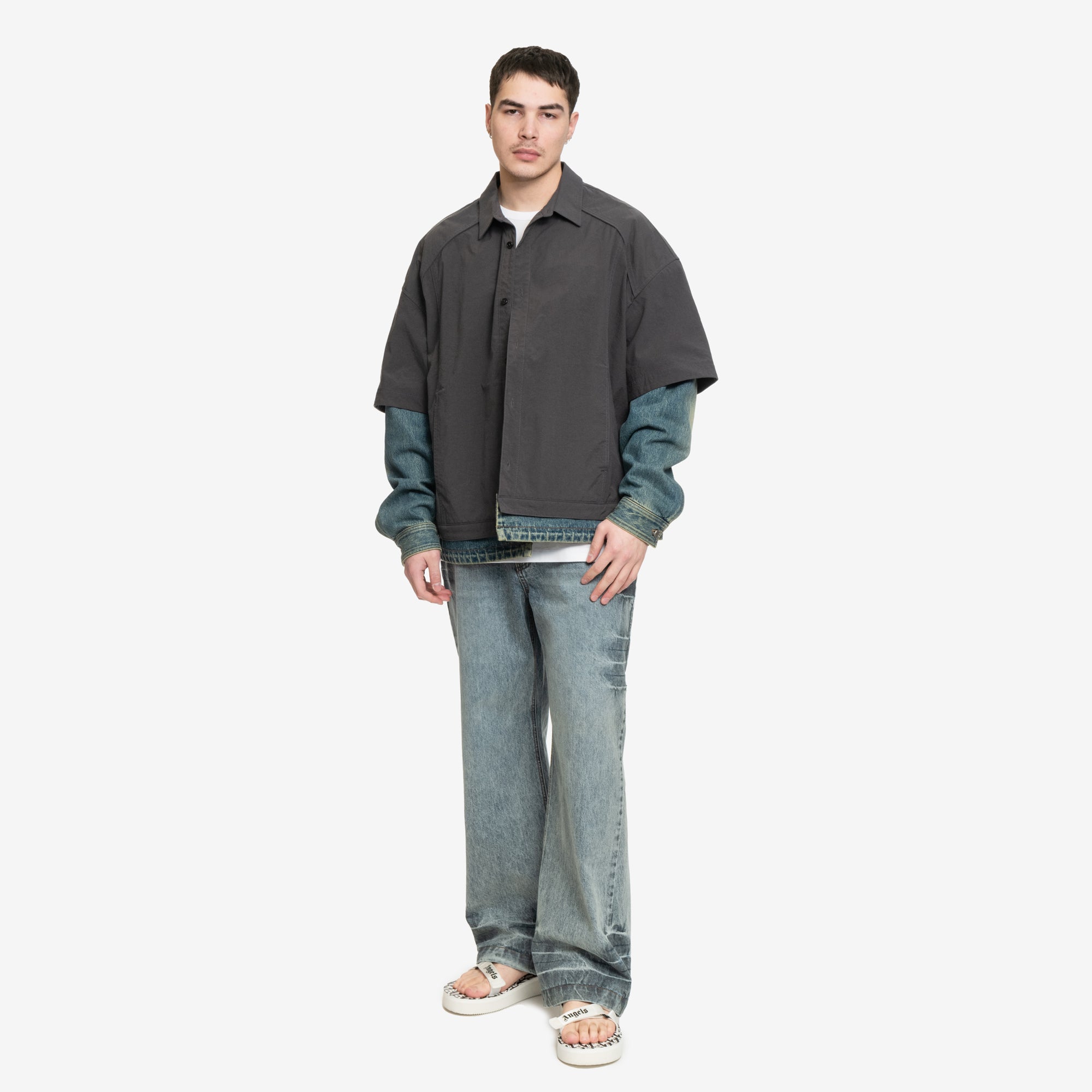 Juun.J Denim Sleeve Layered Nylon Shirt Grey - 2