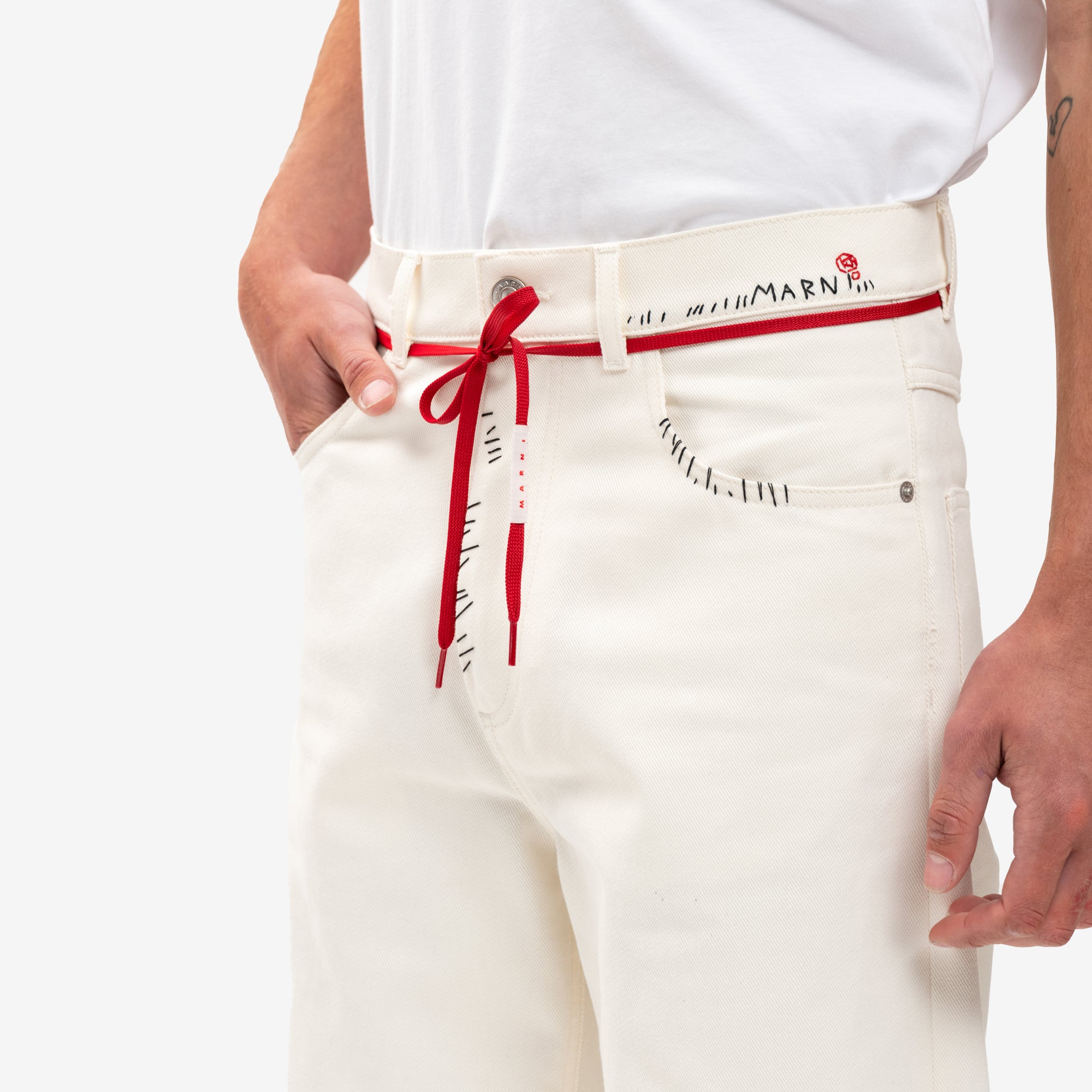 MARNI Stitch Logo Lace Belt Jeans Lily White - 4
