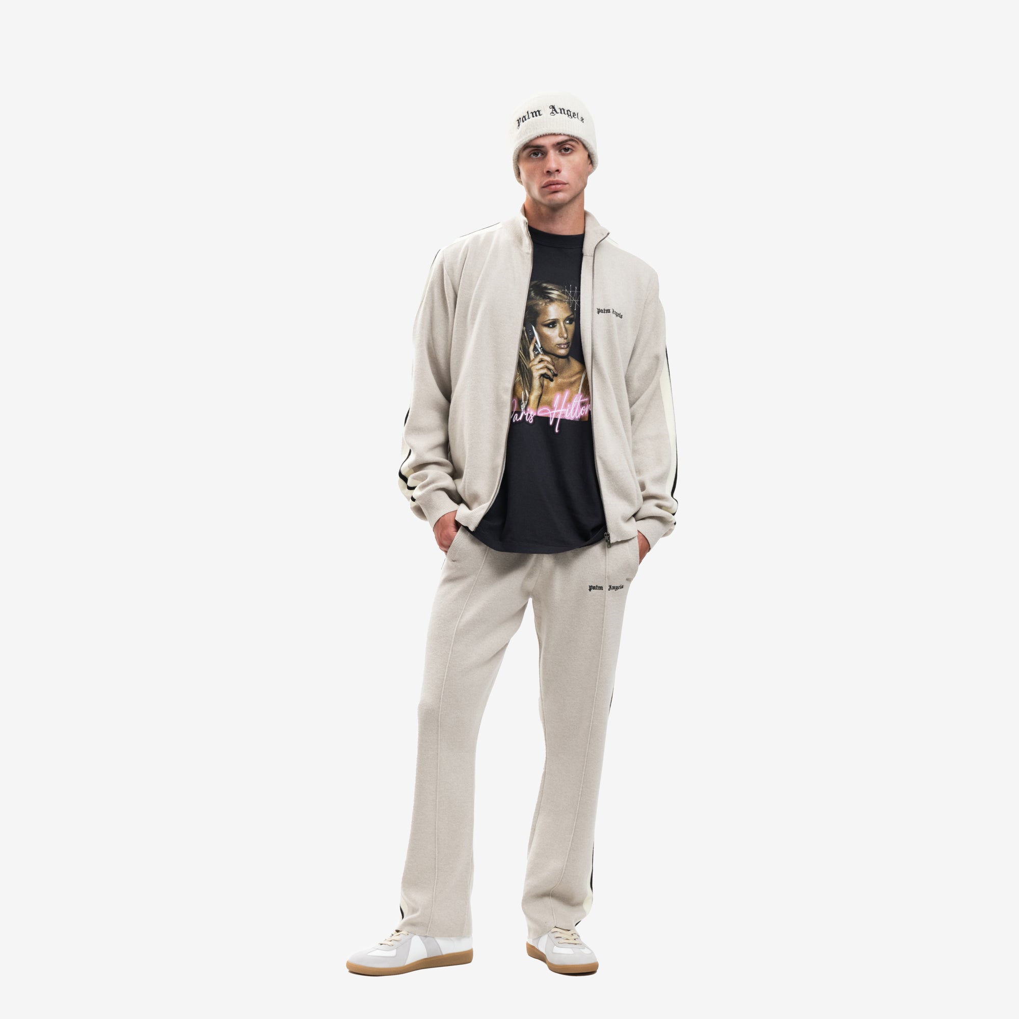 Palm Angels Classic Logo Knit Track Jacket Light Beige - 2