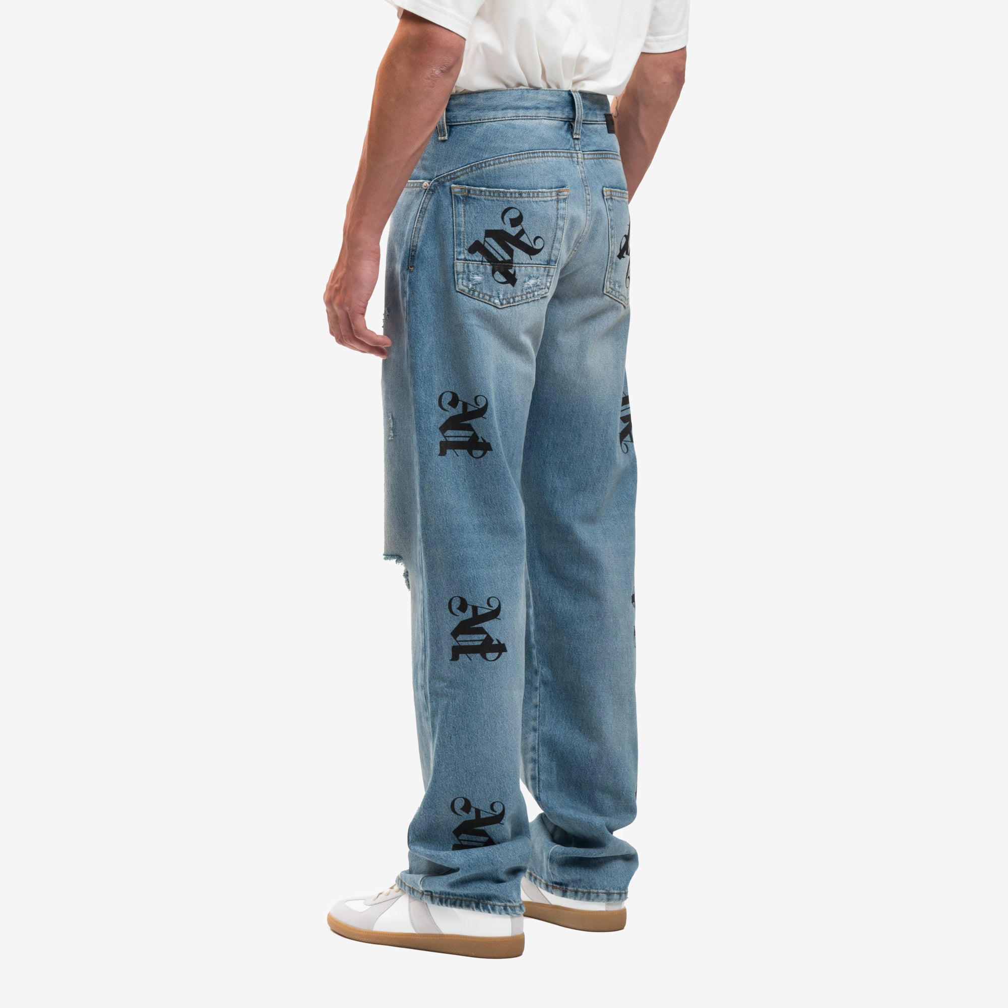 Palm Angels Med Wash Monogram Series Loose Jeans Light Blue - 5