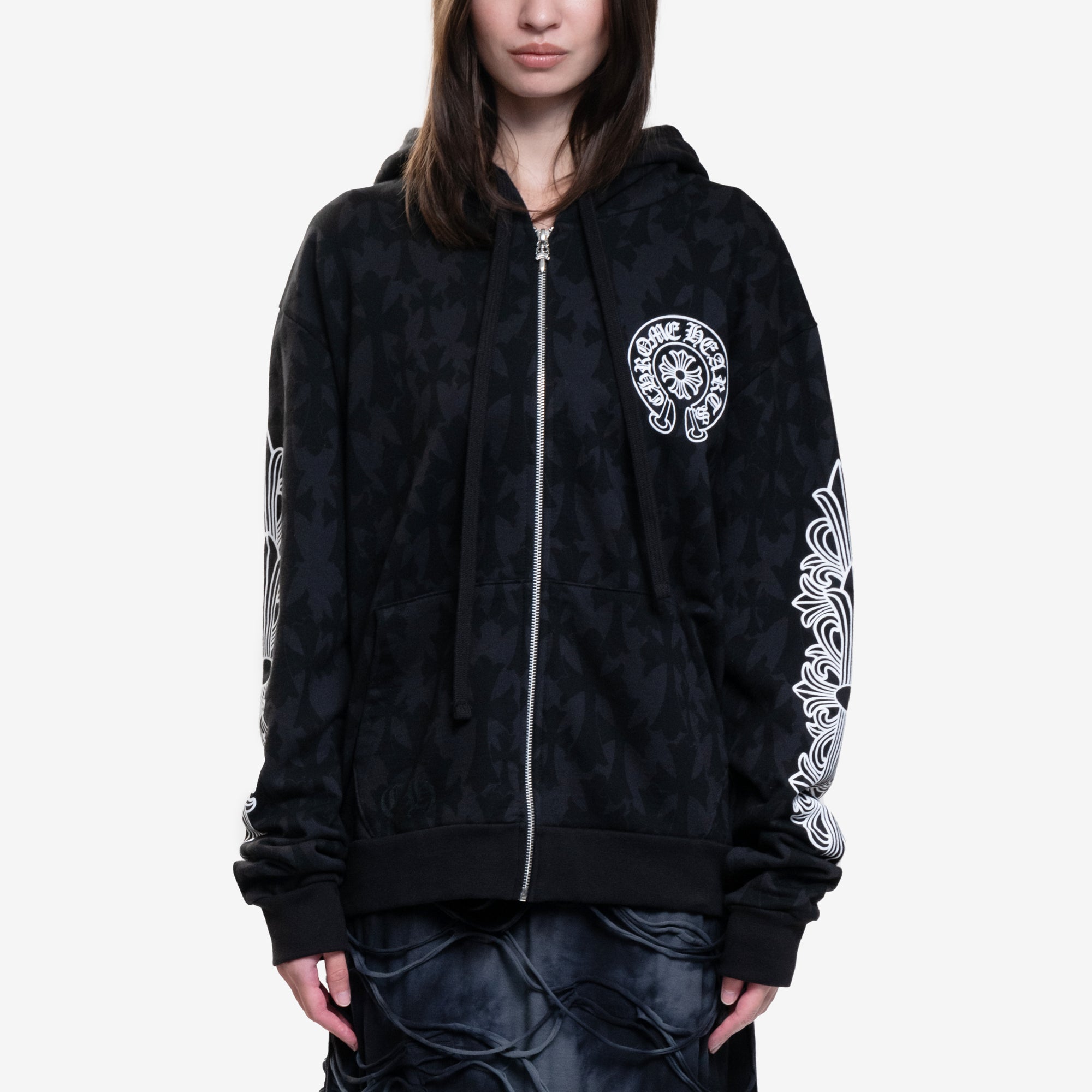 Chrome Hearts CH Classic Scroll Multi Cross Print Zip Up Hoody Black - 1