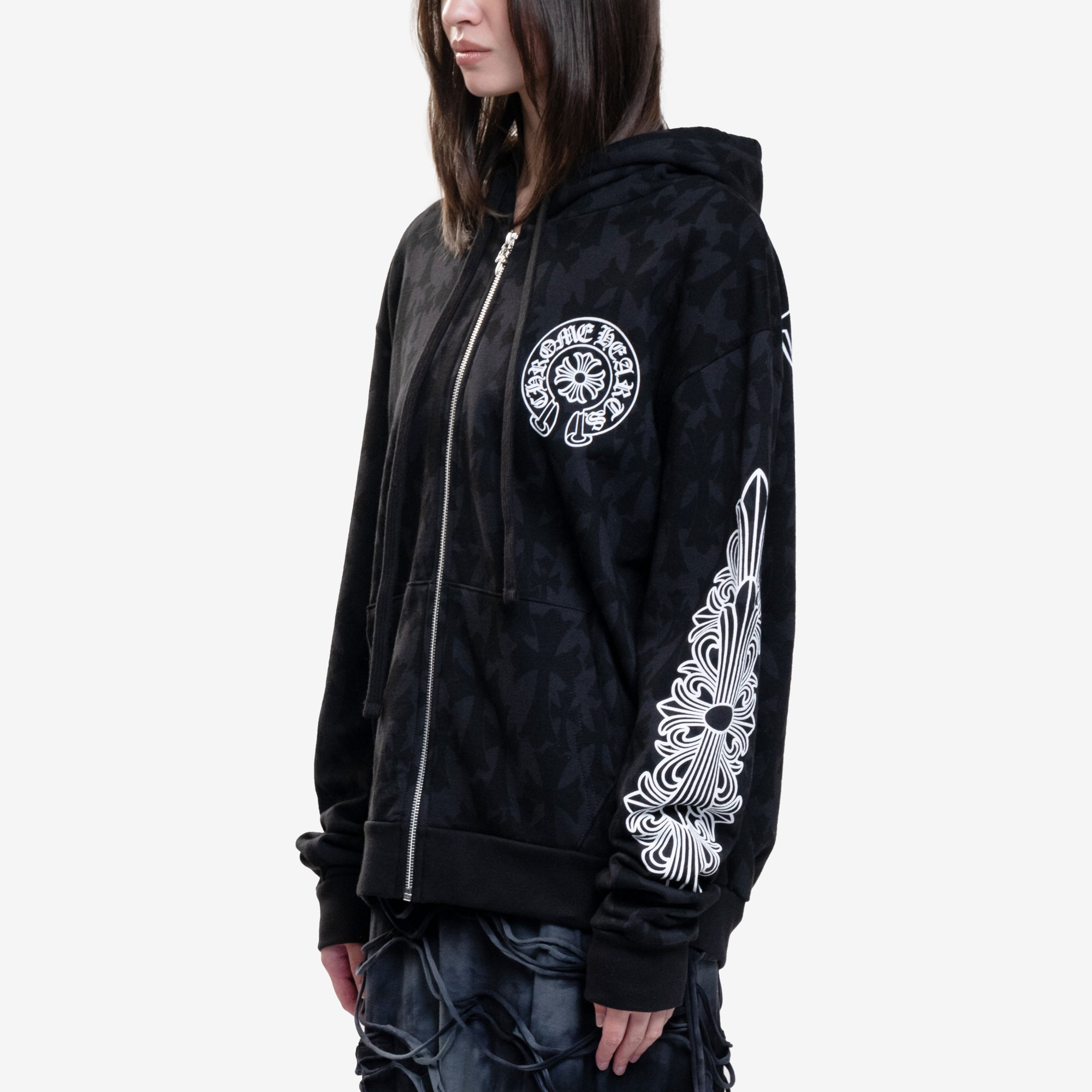 Chrome Hearts CH Classic Scroll Multi Cross Print Zip Up Hoody Black - 3