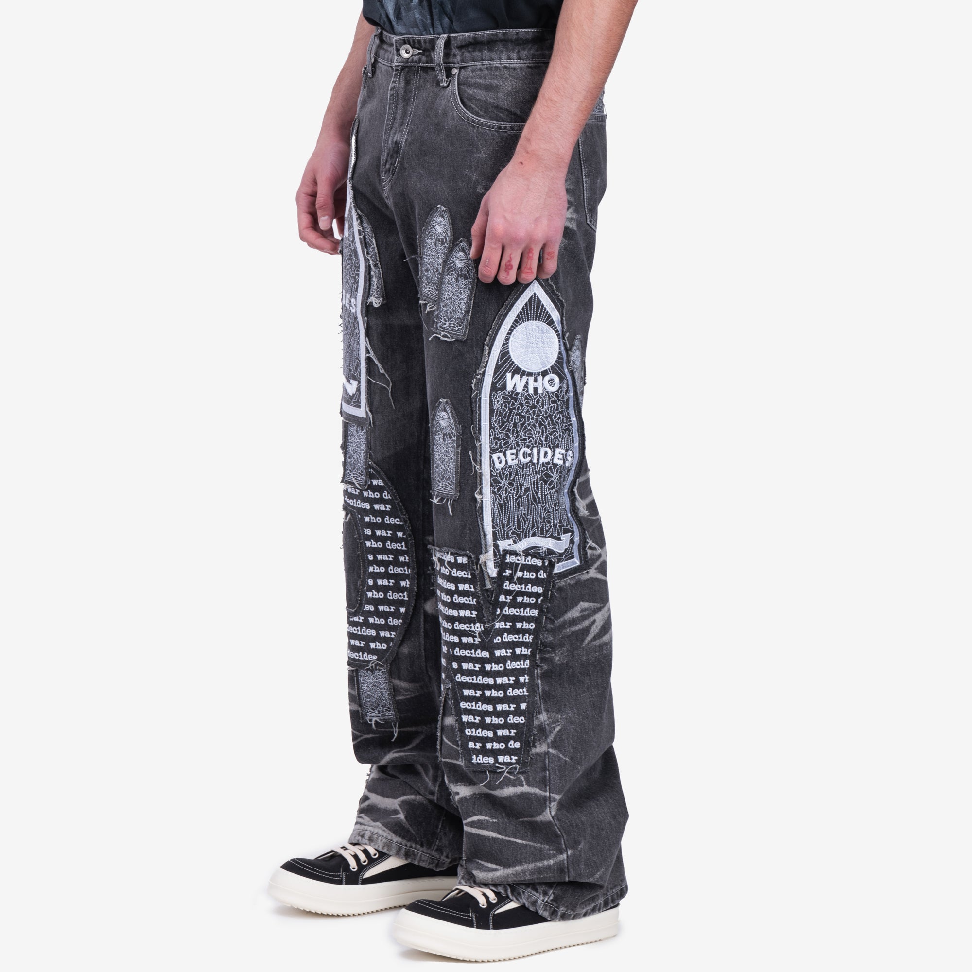 Who Decides War Motif Patched Jeans Vintage Grey - 3