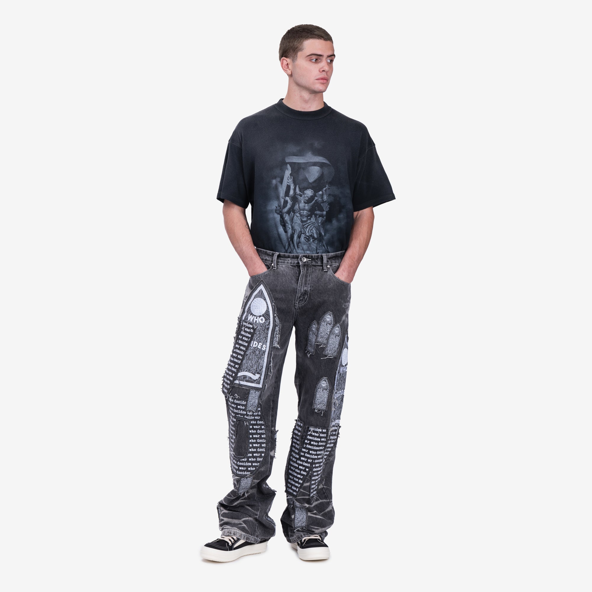 Who Decides War Motif Patched Jeans Vintage Grey - 2