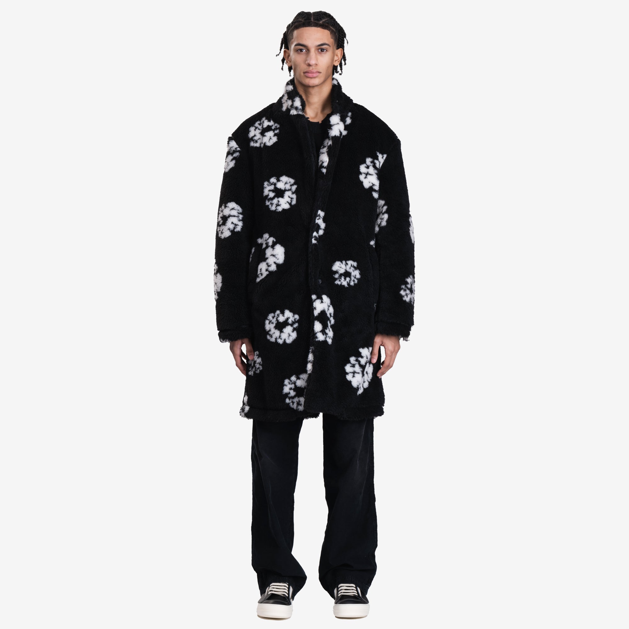 Saint Mxxxxxx Denim Tears Wreath Faux Fur Coat Black - 1