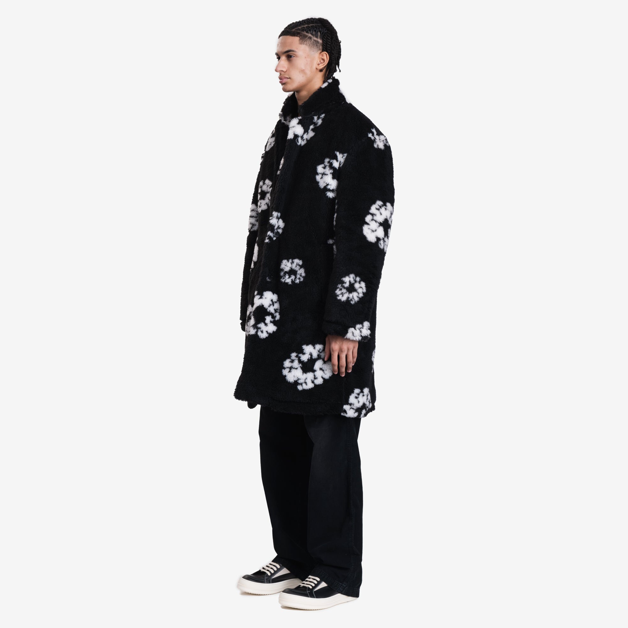 Saint Mxxxxxx Denim Tears Wreath Faux Fur Coat Black - 3