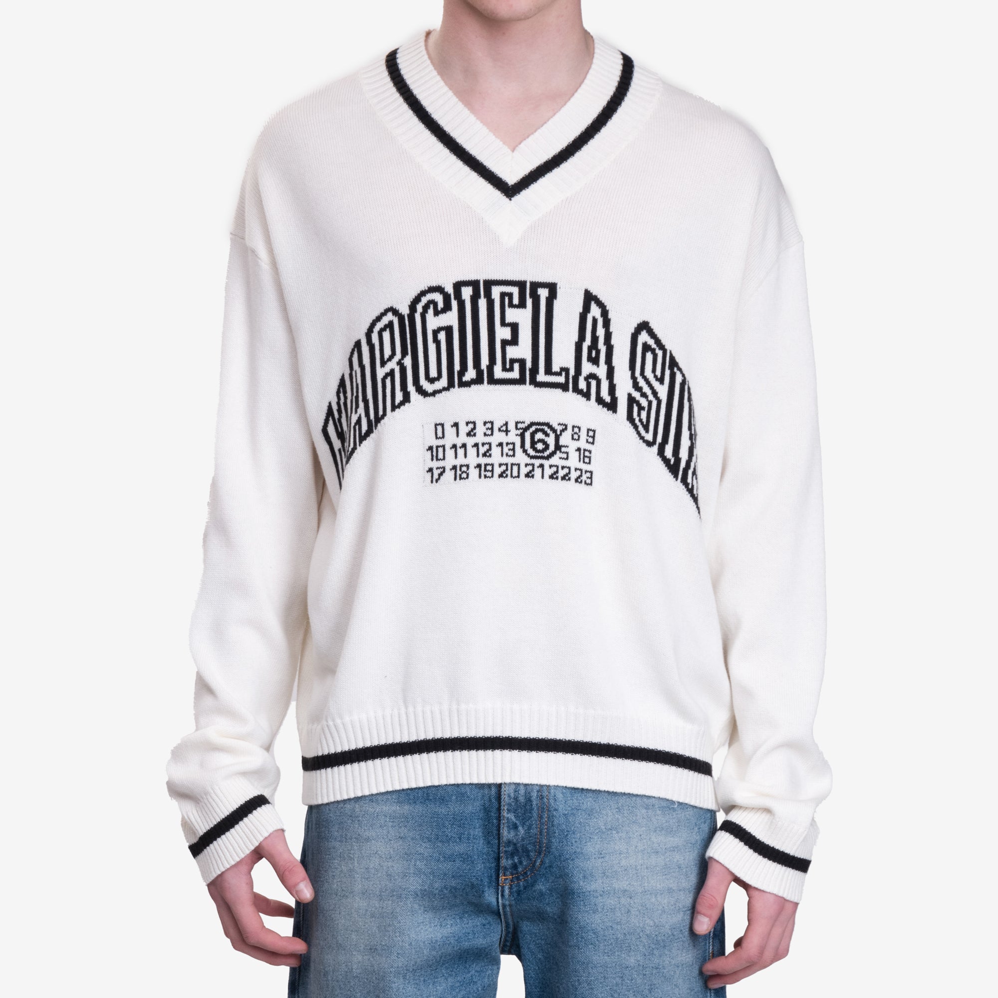 MM6 V - Neck Varsity Sweater Off White - 1