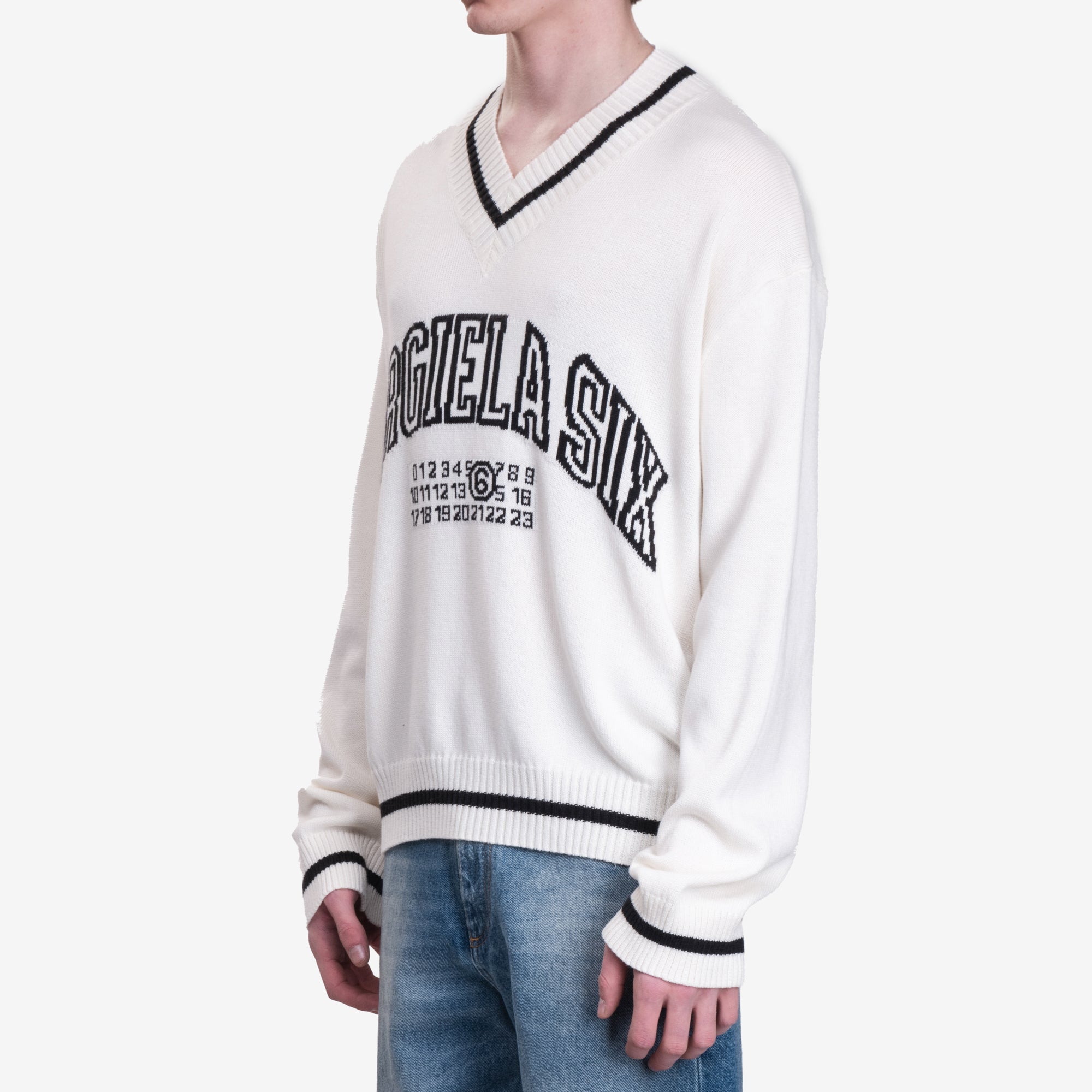 MM6 V - Neck Varsity Sweater Off White - 3