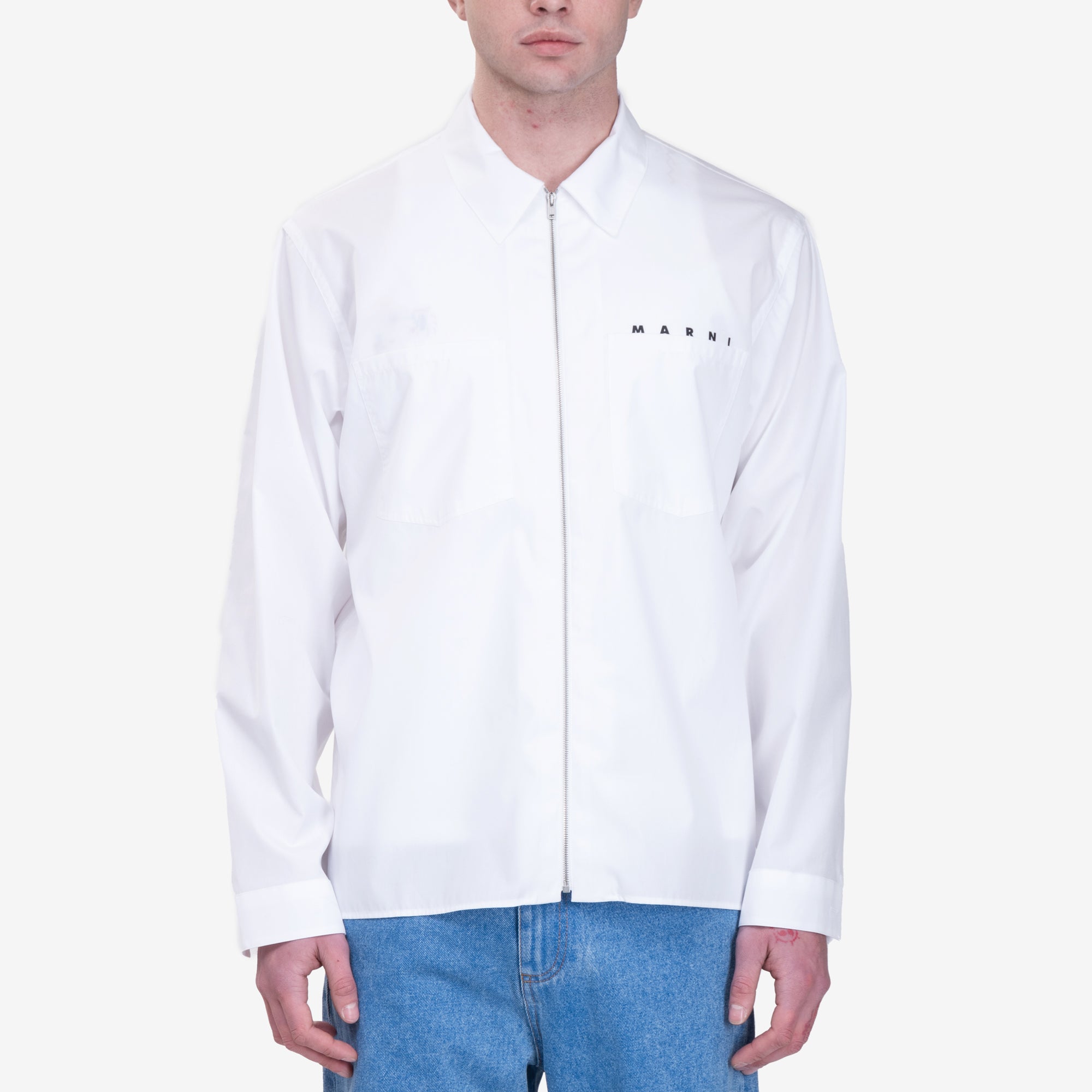 MARNI Hidden Logo Zip Poplin Shirt Lily White - 1