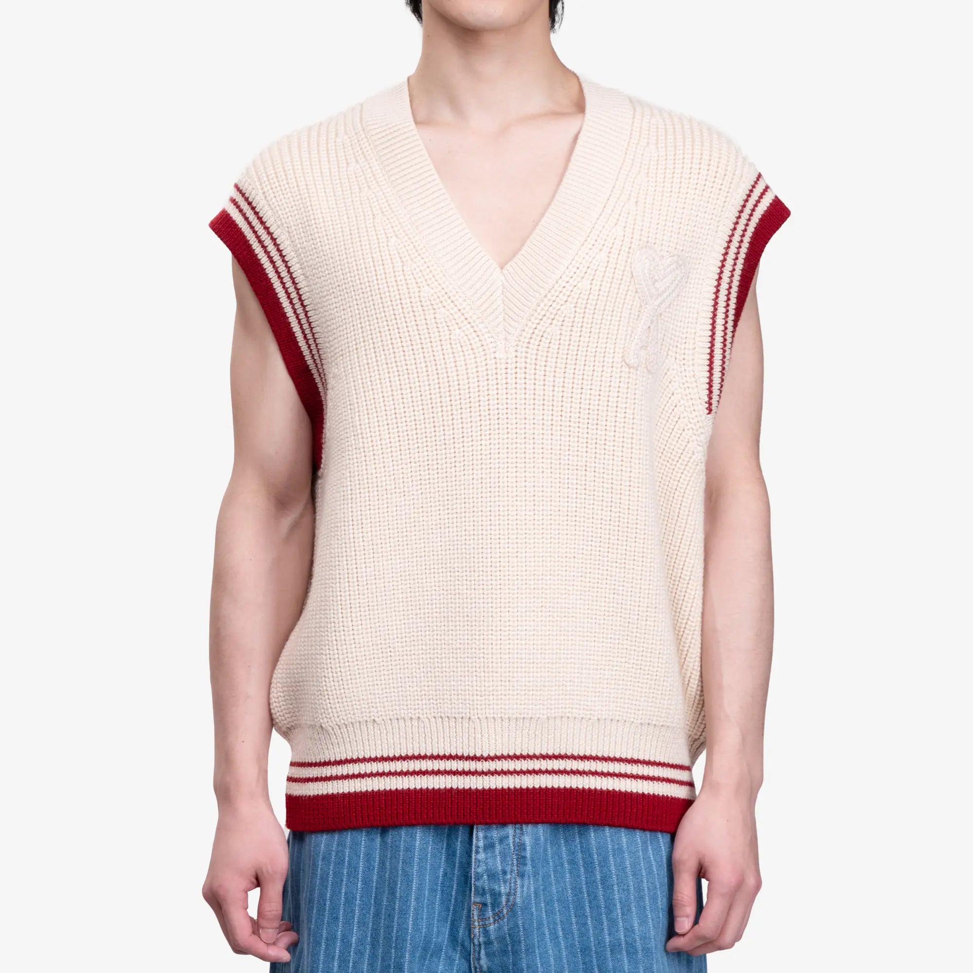 AMI Ribbed Sleeveless V - Neck Sweater White Cream - 1