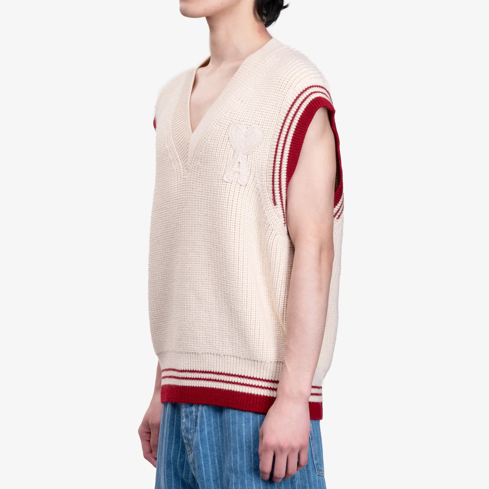 AMI Ribbed Sleeveless V - Neck Sweater White Cream - 3