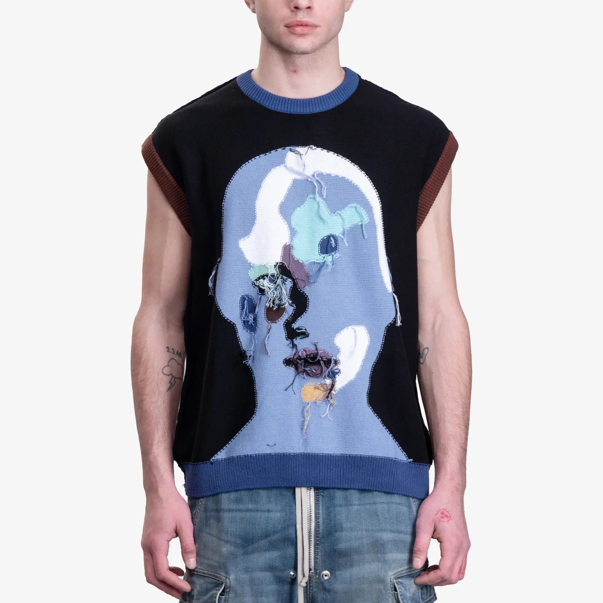 KidSuper Reverse Knit Patchwork Face Vest Blue - 1