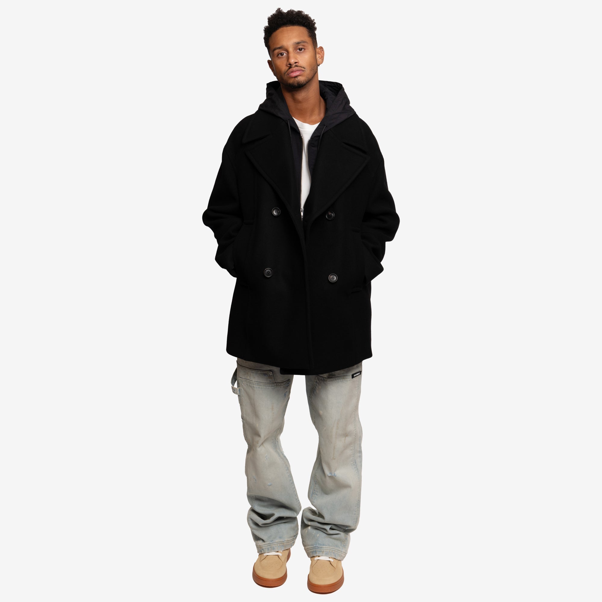 Juun.J Detachable Hood Felt Wool Peacoat Black - 2