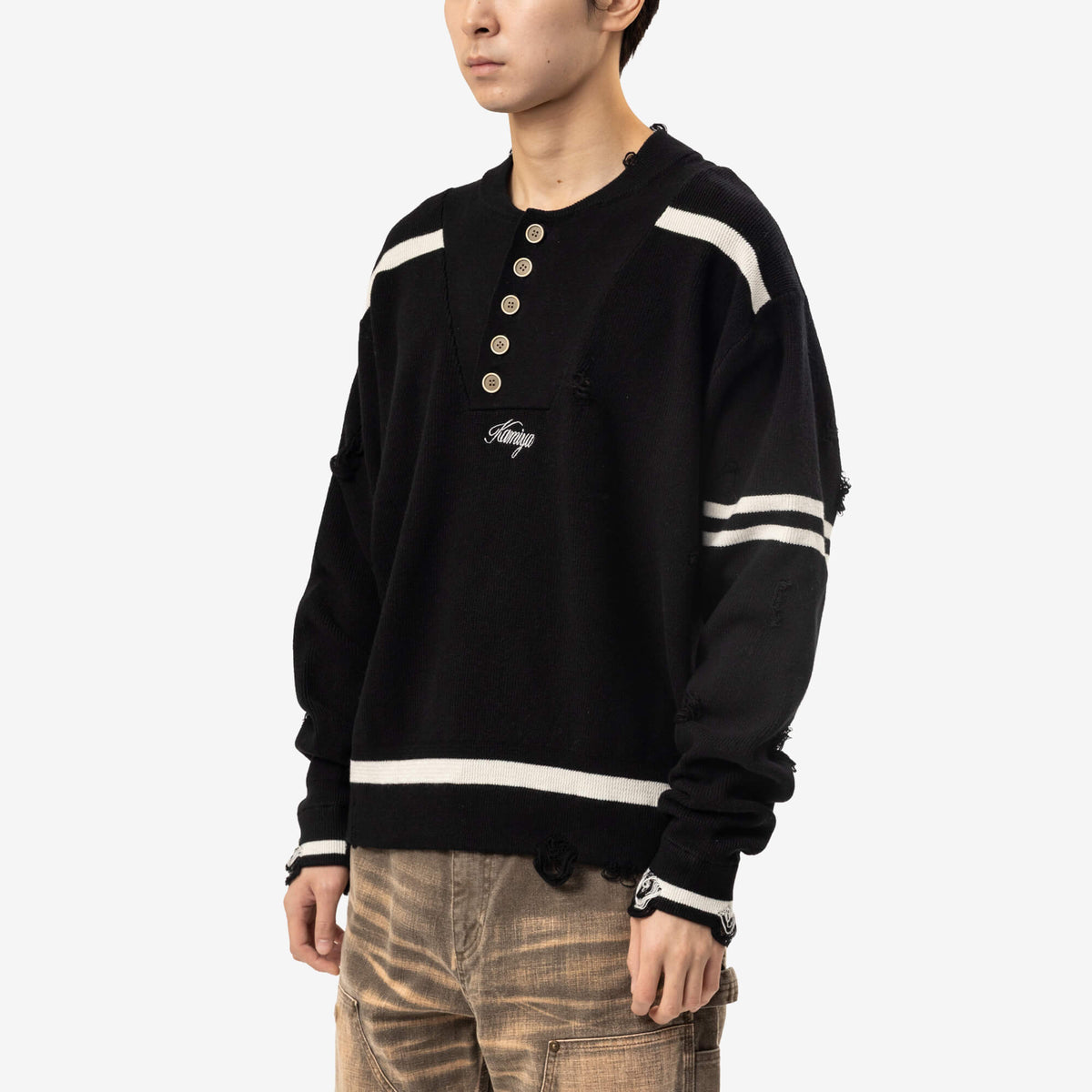 Kamiya Embroidered Army Henley Knit Sweater Black-3