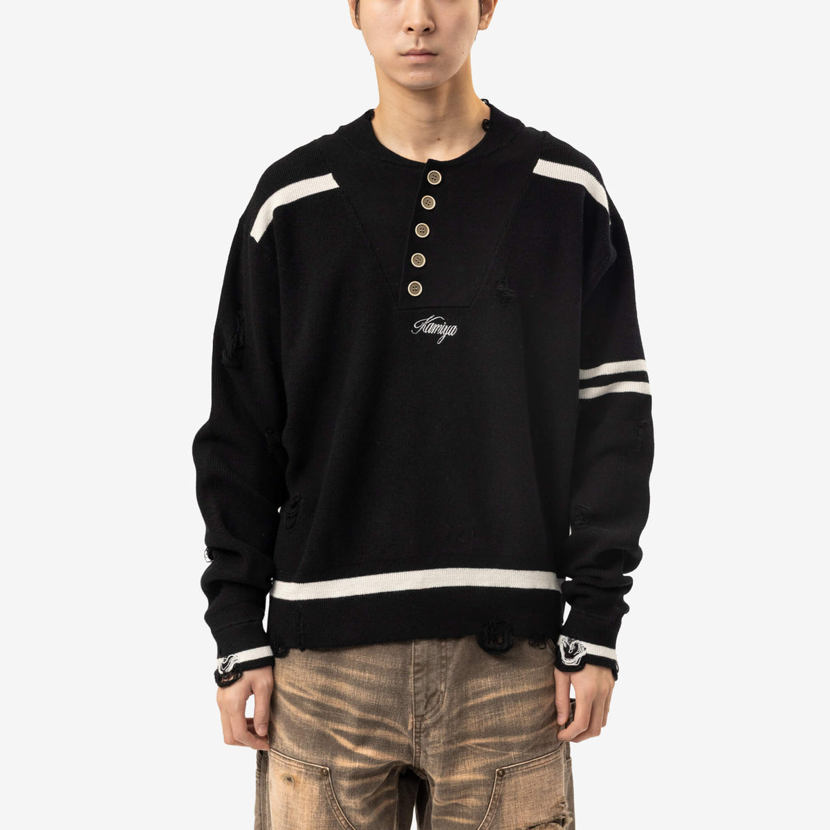 Kamiya Embroidered Army Henley Knit Sweater Black-1