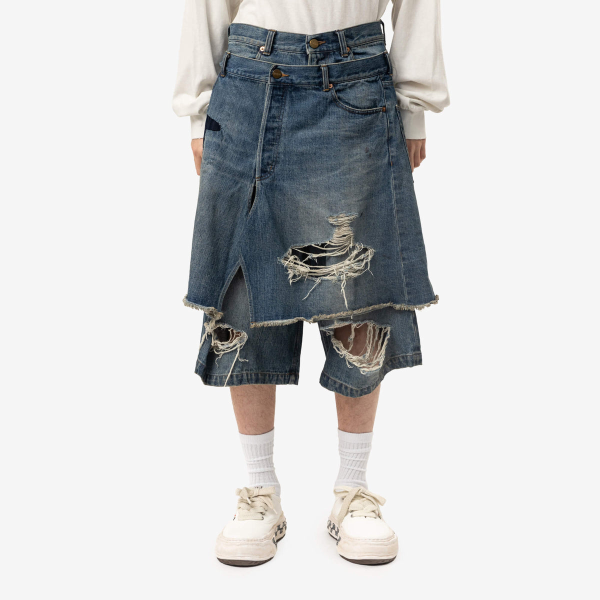 Kamiya Repaired Layered Denim Shorts Indigo-1