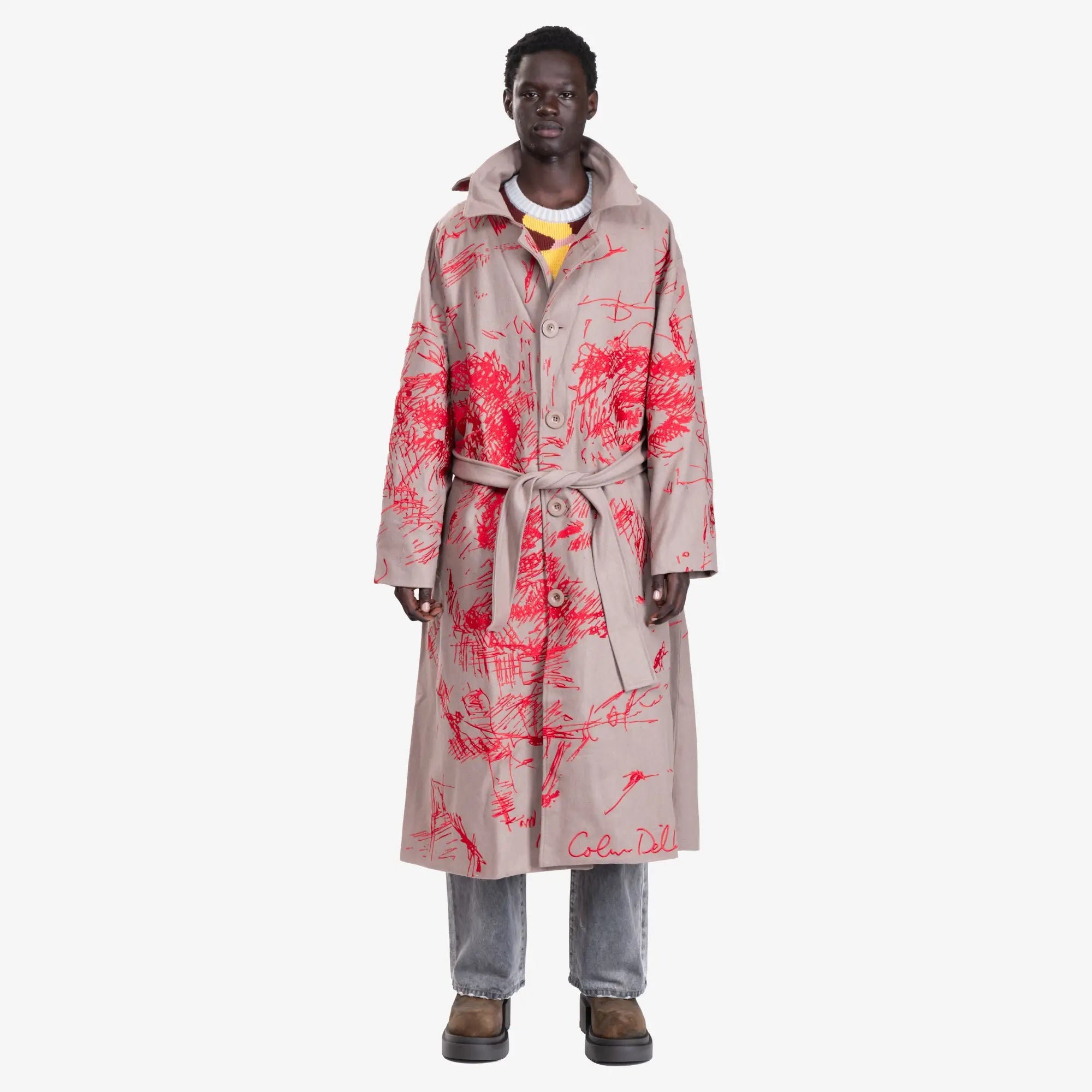 KidSuper Hatched Emb Face Trench Coat Cream - 1