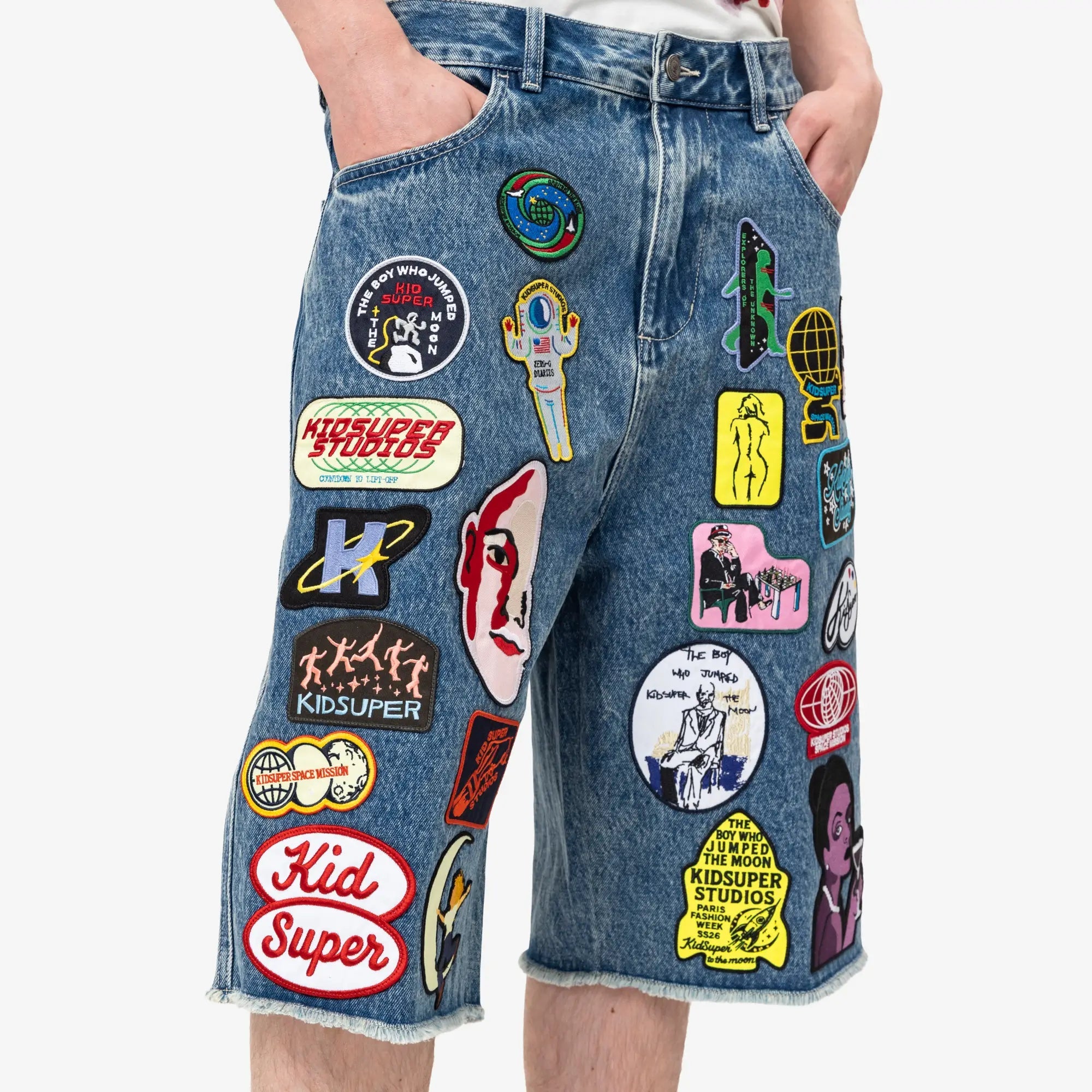 KidSuper Patches Denim Long Shorts Dark Blue - 5
